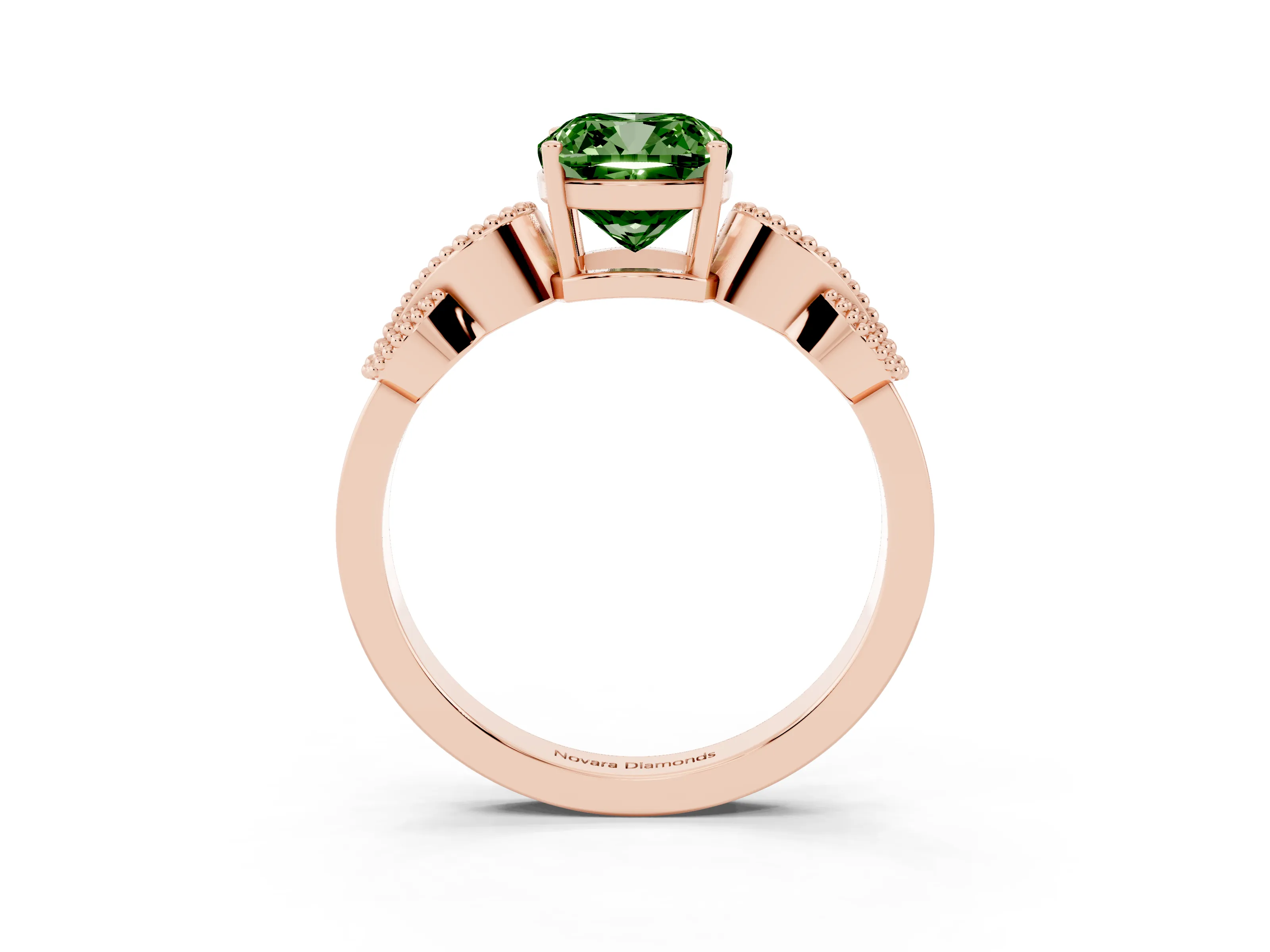 Fancy Green Cushion Cut Diamond Milgrain Leaf Band Solitaire Ring Set in Rose gold with Accent Stones and Prong Setting