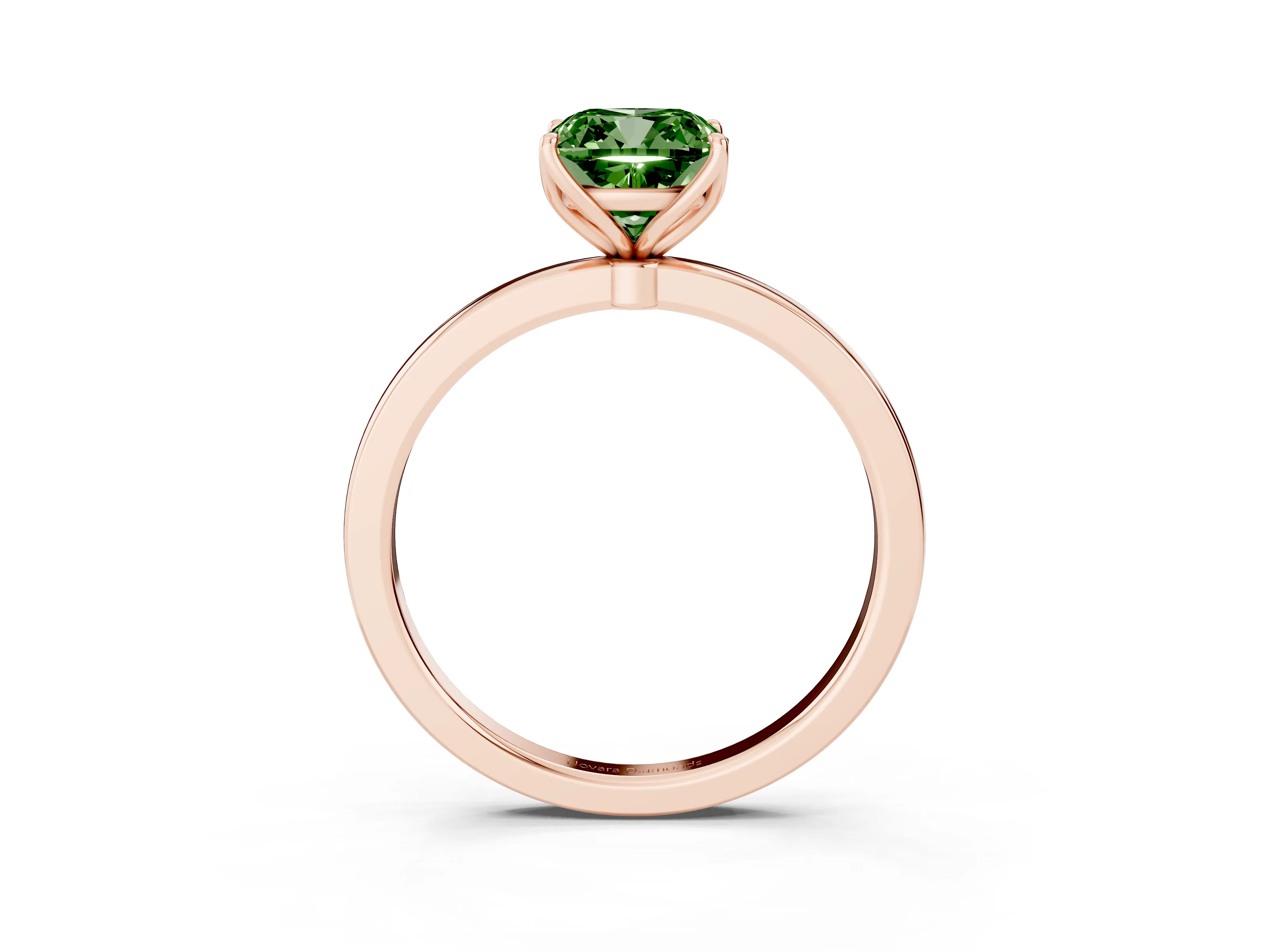 Fancy Green Cushion Cut Diamond Solitaire Ring Set in Rose gold with Prong Setting and Thin Polished Band