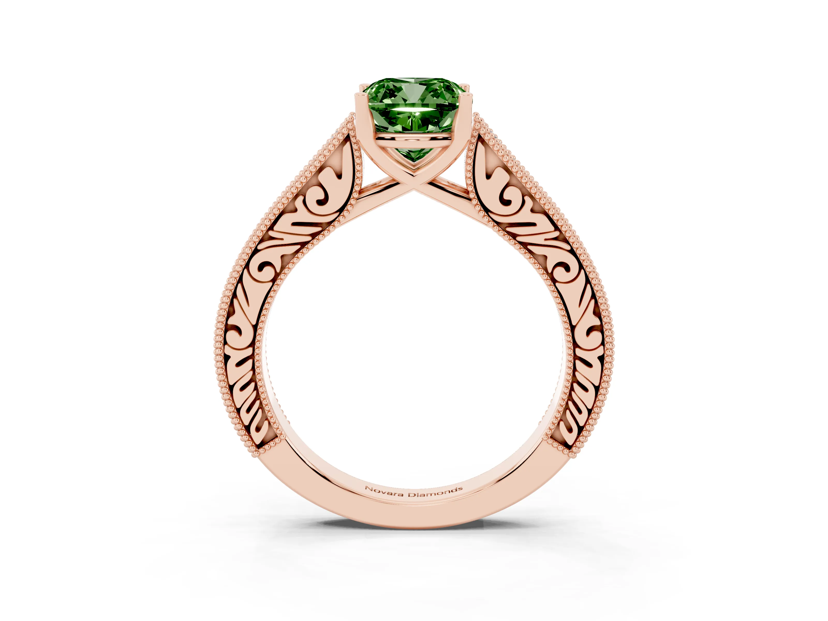 Fancy Green Cushion Cut Diamond Milgrain Pavé Band Solitaire Ring Set in Rose gold with Prong Setting