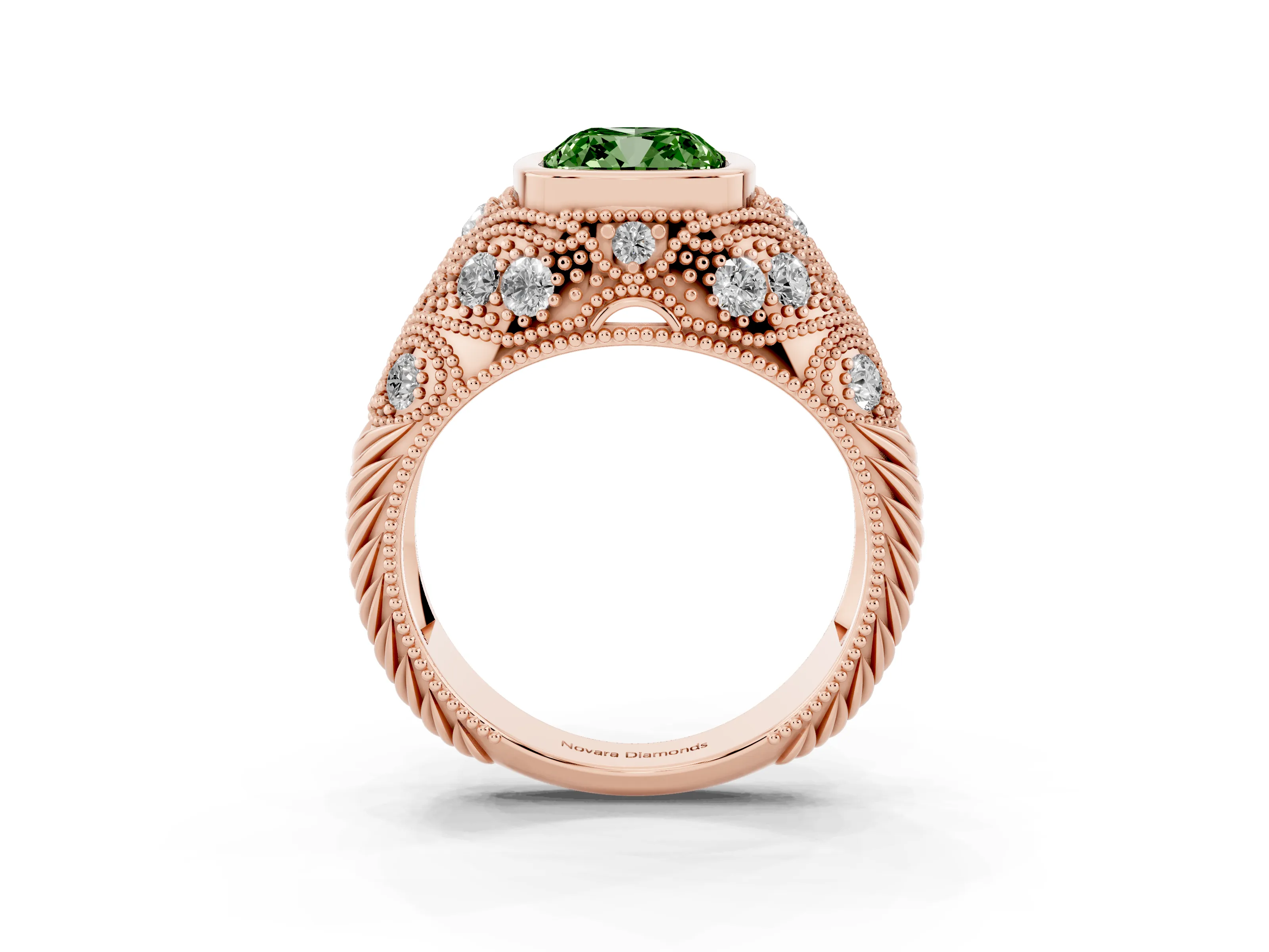 Fancy Green Cushion Cut Diamond Bezel Ring Set in Rose gold with Milgrain Accent Band