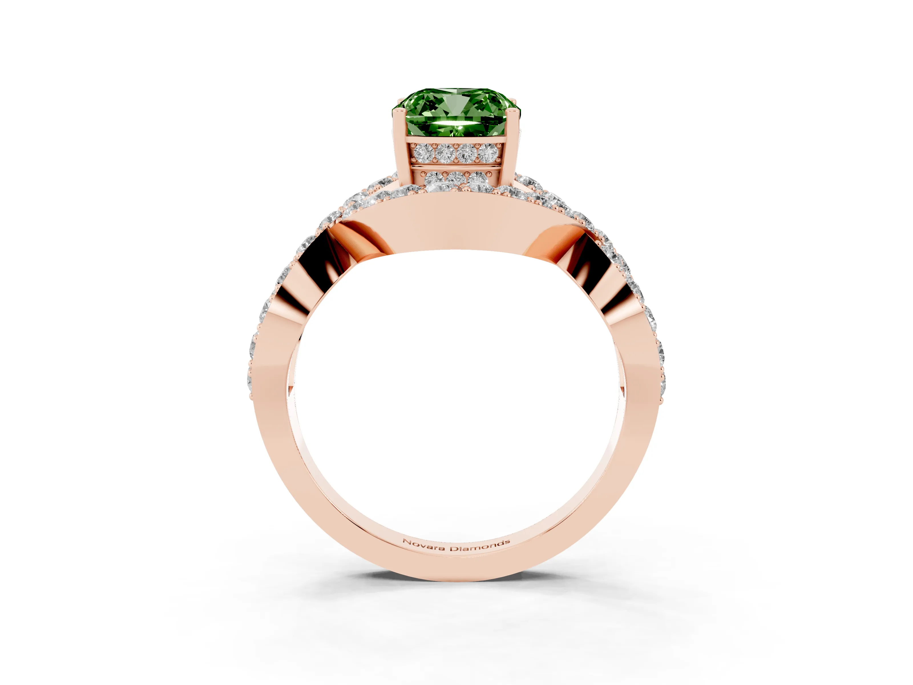 Fancy Green Cushion Cut Diamond Solitaire Twist Band Pavé Engagement Ring Set in Rose gold