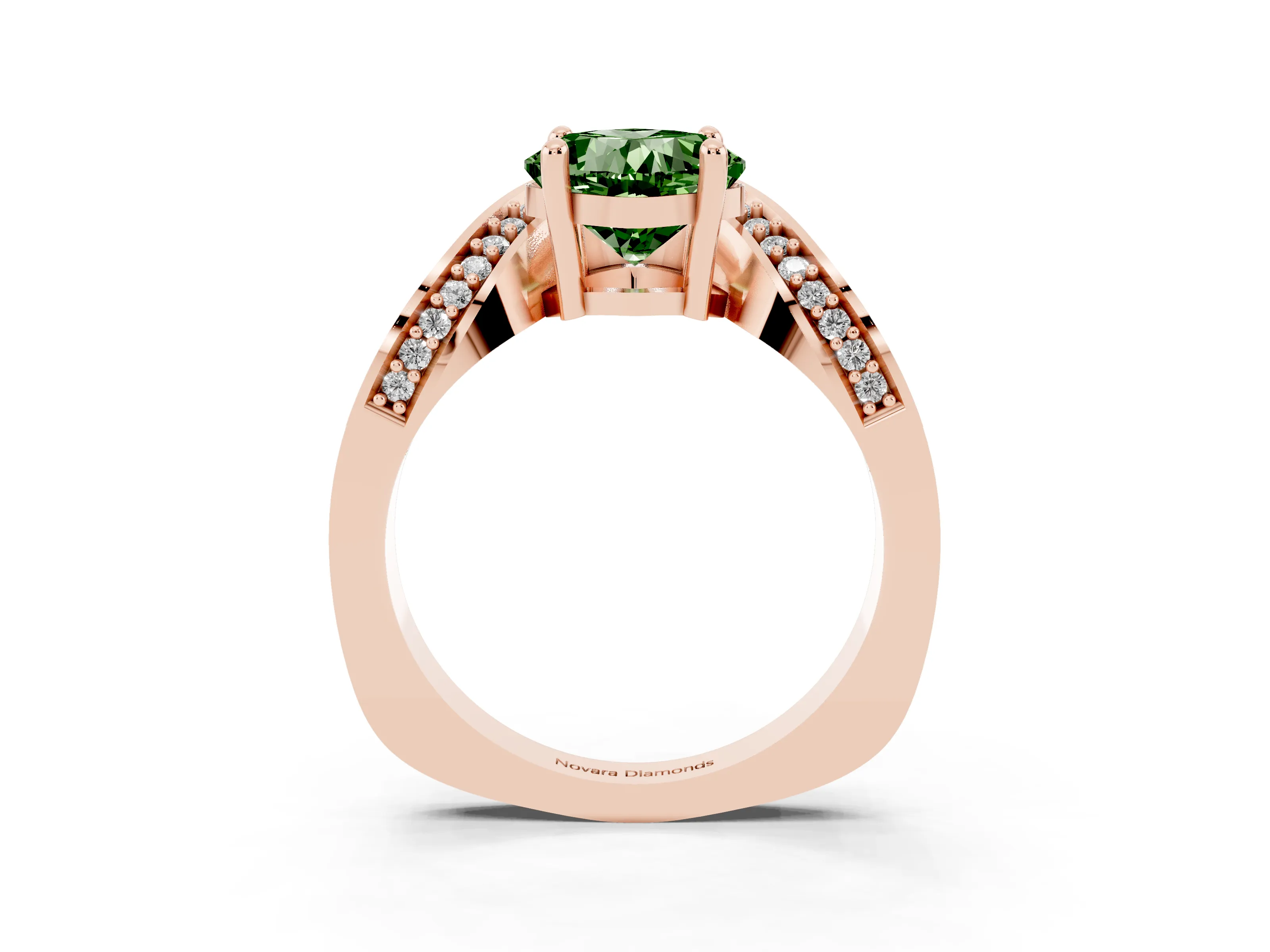 Fancy Green Cushion Cut Diamond Solitaire Engagement Ring Set in Rose gold with Pavé Shoulders