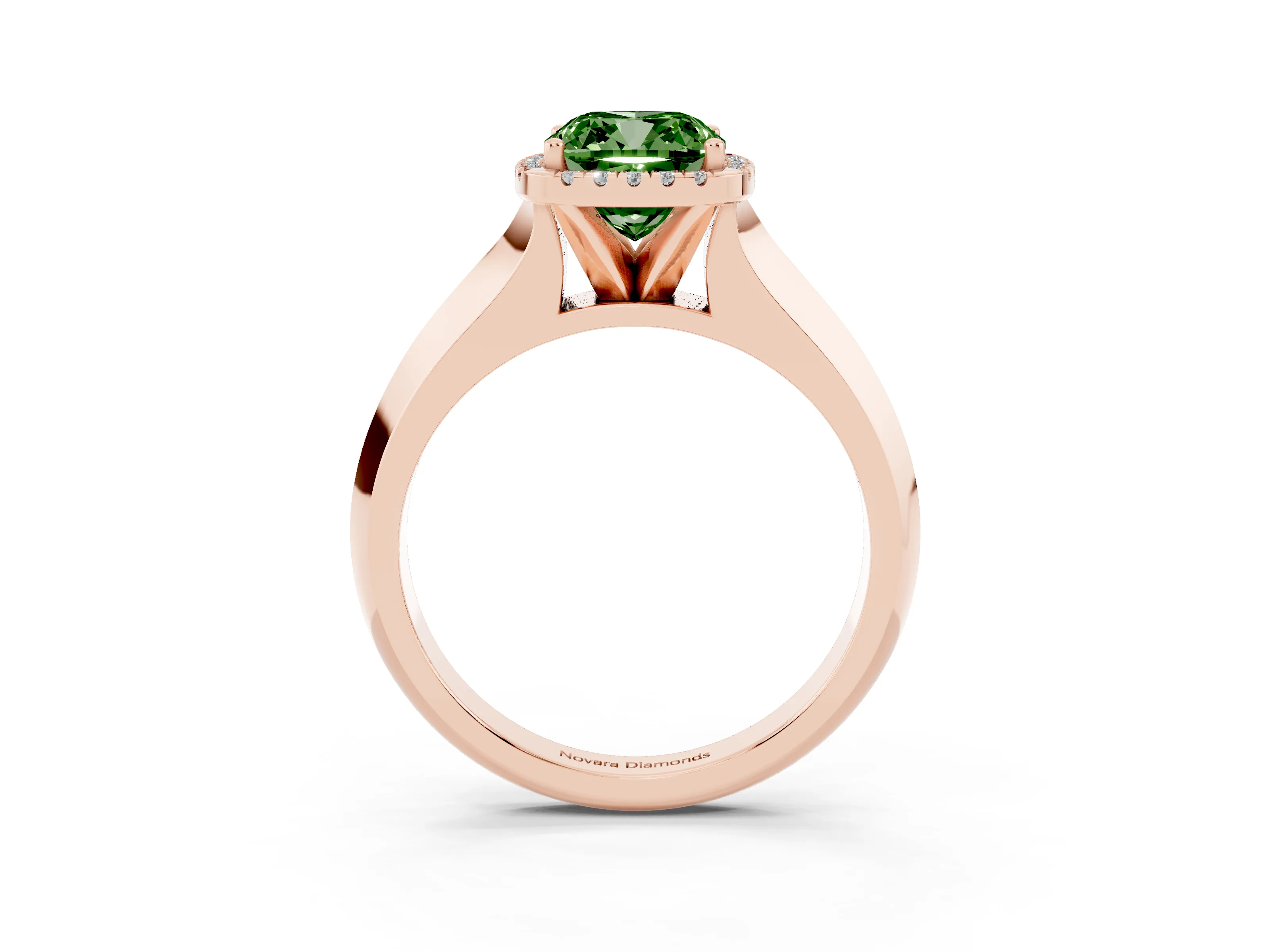 Fancy Green Cushion Cut Diamond Halo Ring Set in Rose gold with Cathedral Band and Prong Setting