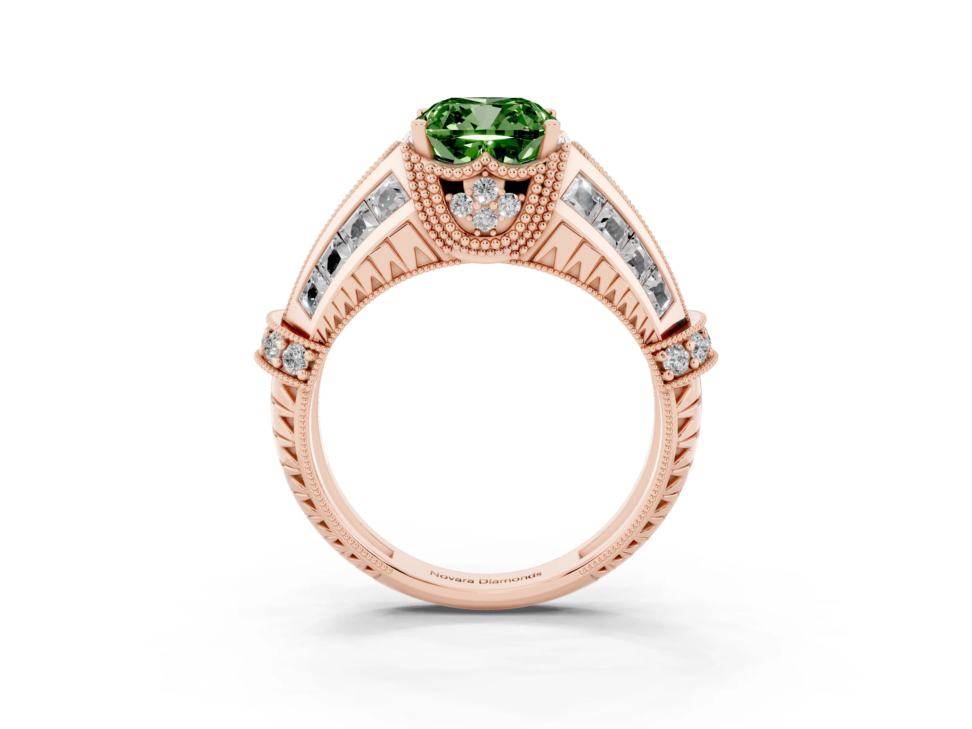 Fancy Green Cushion Cut Diamond Vintage-Inspired Milgrain Ring Set in Rose gold with Accent Split Shank