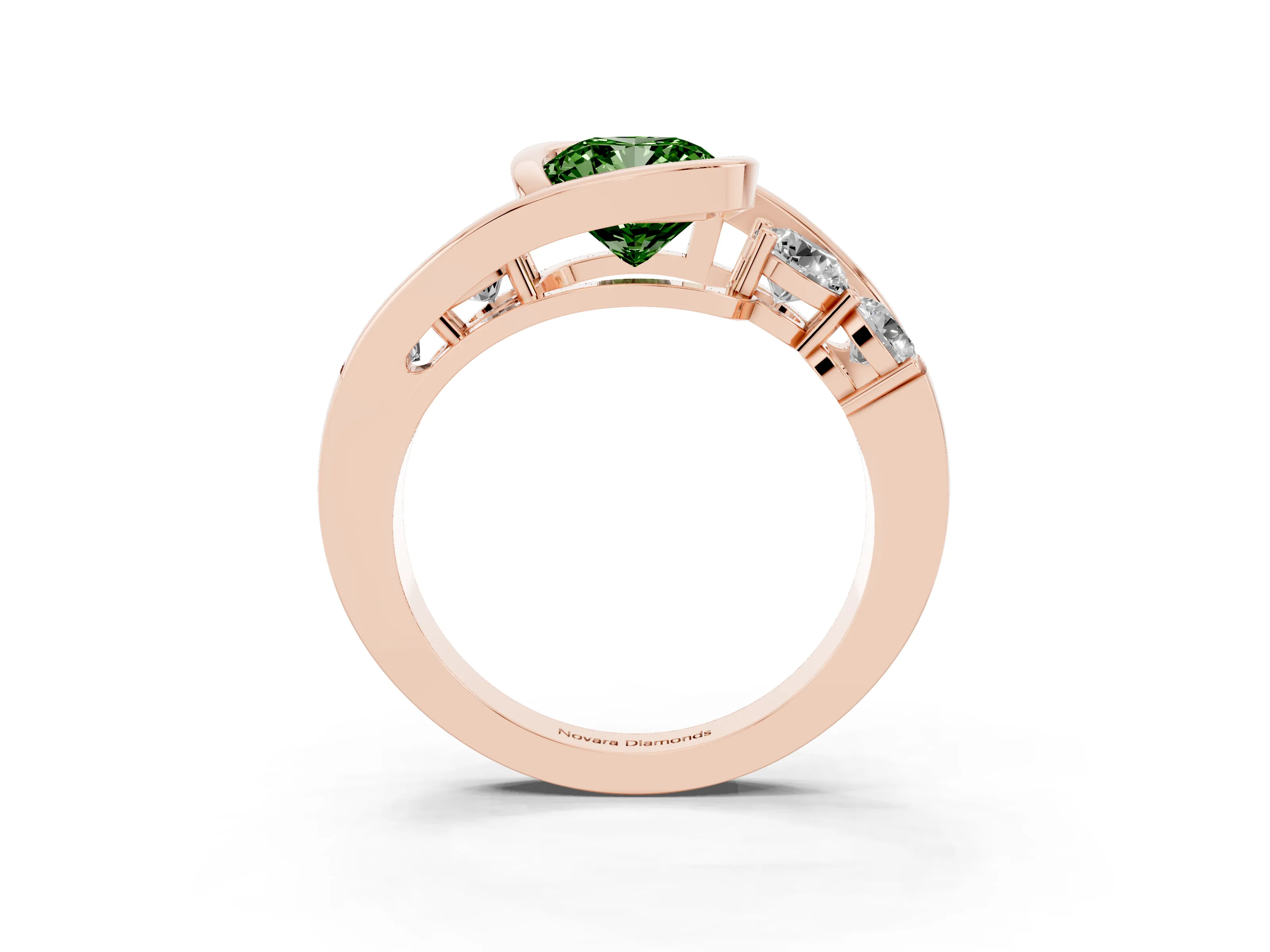 Fancy Green Cushion Cut Diamond Bezel Bypass Ring Set in Rose gold with Round Accents
