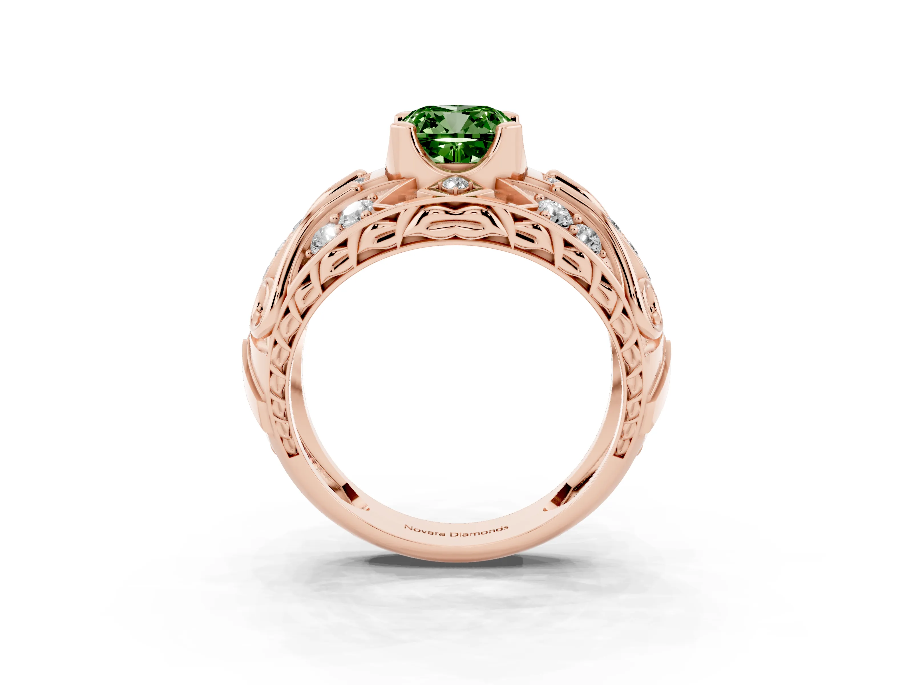 Fancy Green Cushion Cut Diamond Art Deco Ring Set in Rose gold with Pavé Split Shank