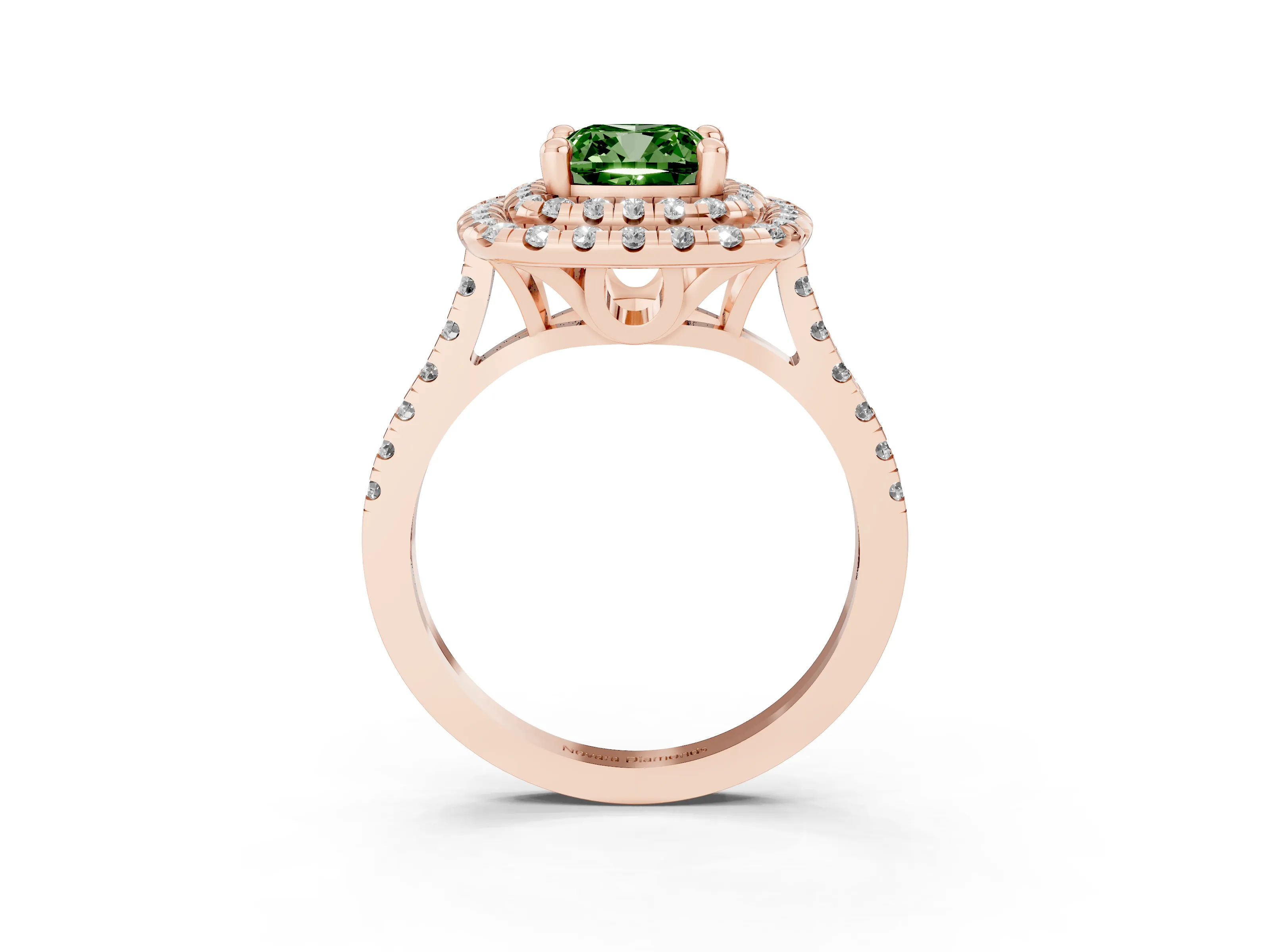 Fancy Green Cushion Cut Diamond Double Halo Statement Ring Set in Rose gold with Pavé Band