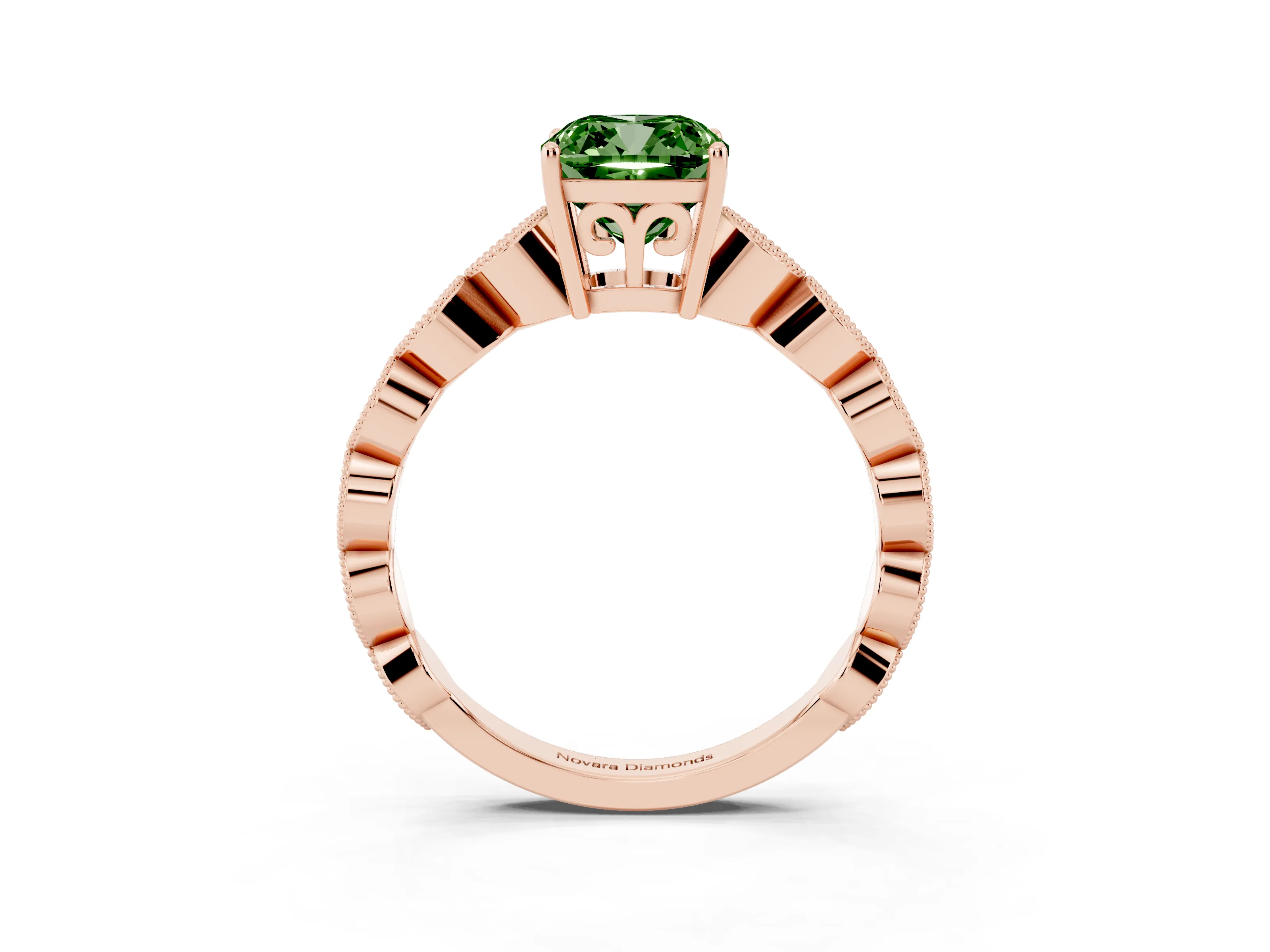Fancy Green Cushion Cut Diamond Solitaire Ring Set in Rose gold with Infinity Twist Pavé Band