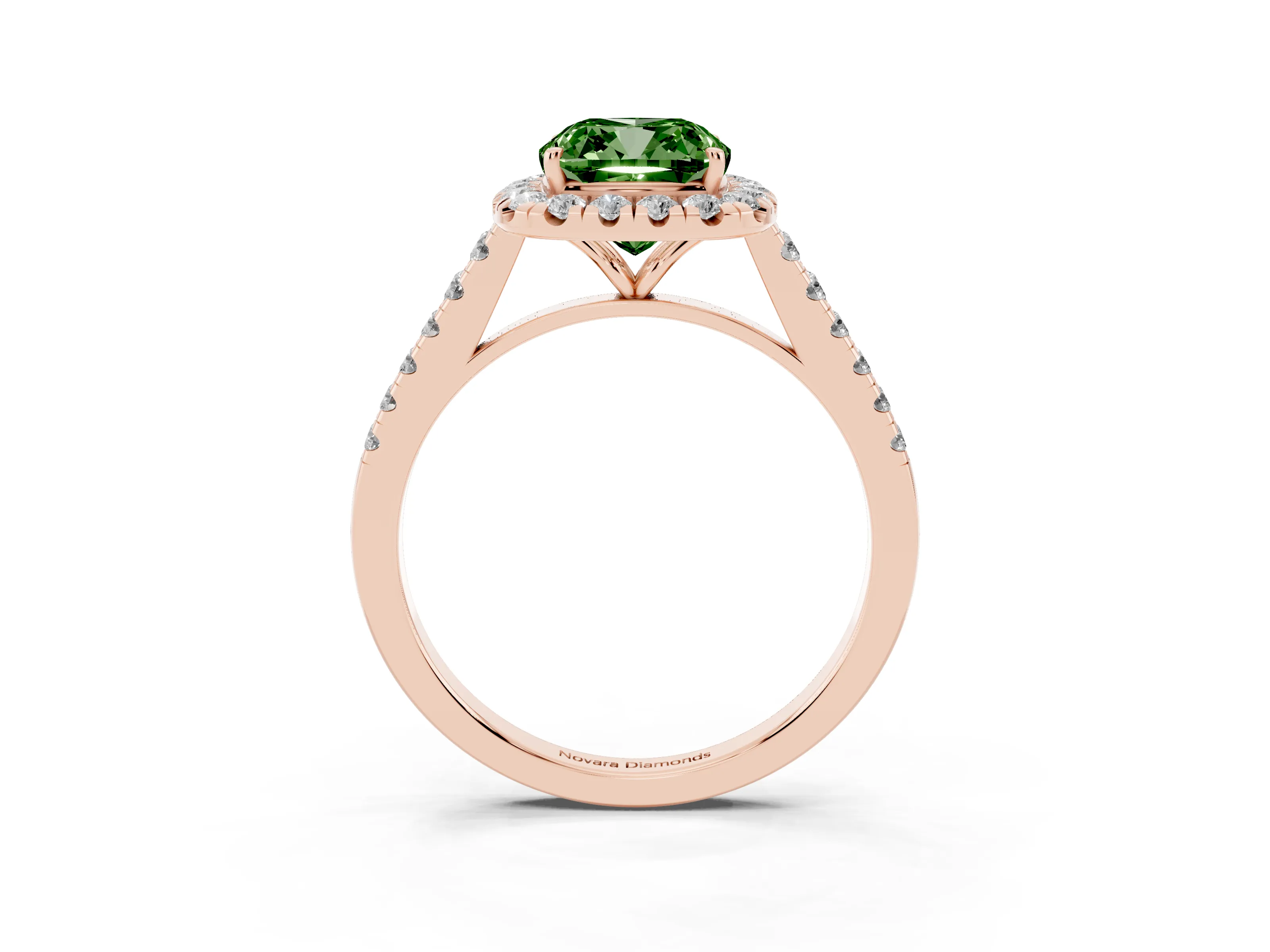 Fancy Green Cushion Cut Diamond Halo Pavé Engagement Ring Set in Rose gold with Prong Setting