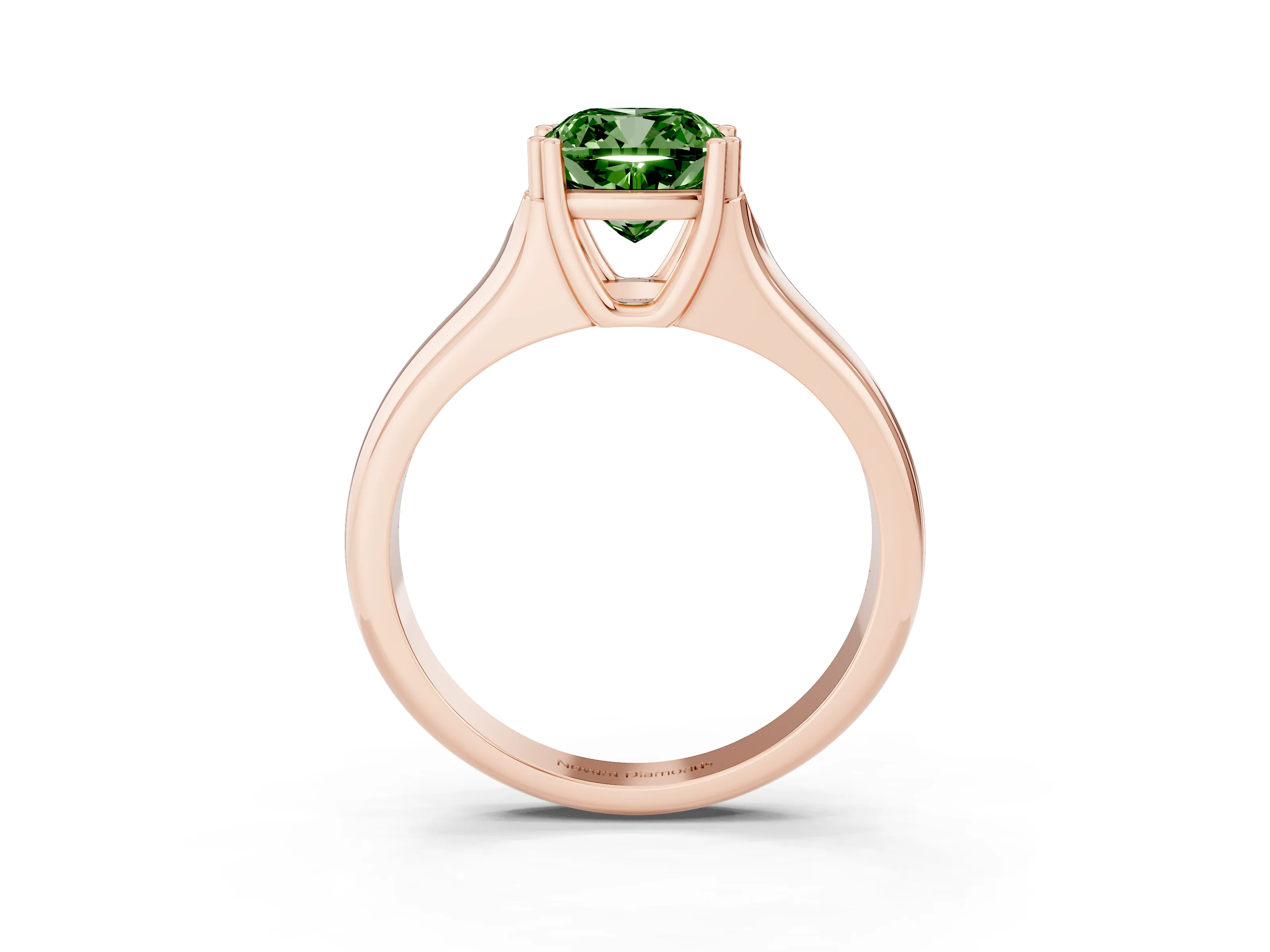 Fancy Green Cushion Cut Diamond Solitaire Ring Set in Rose gold with Wide Band and Prong Setting