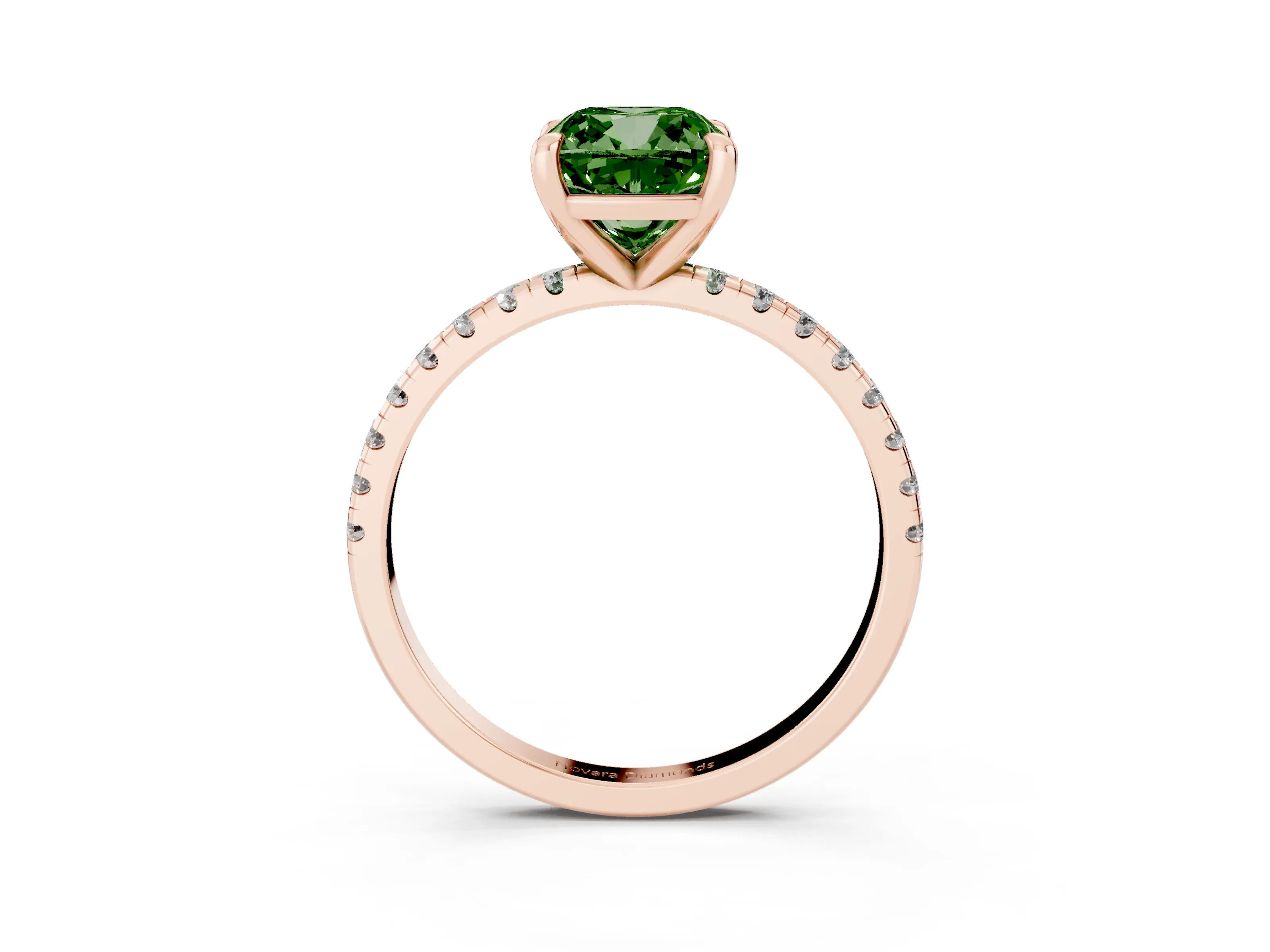 Fancy Green Cushion Cut Diamond Brilliant Solitaire Ring Set in Rose gold with Pavé Band and Prong Setting