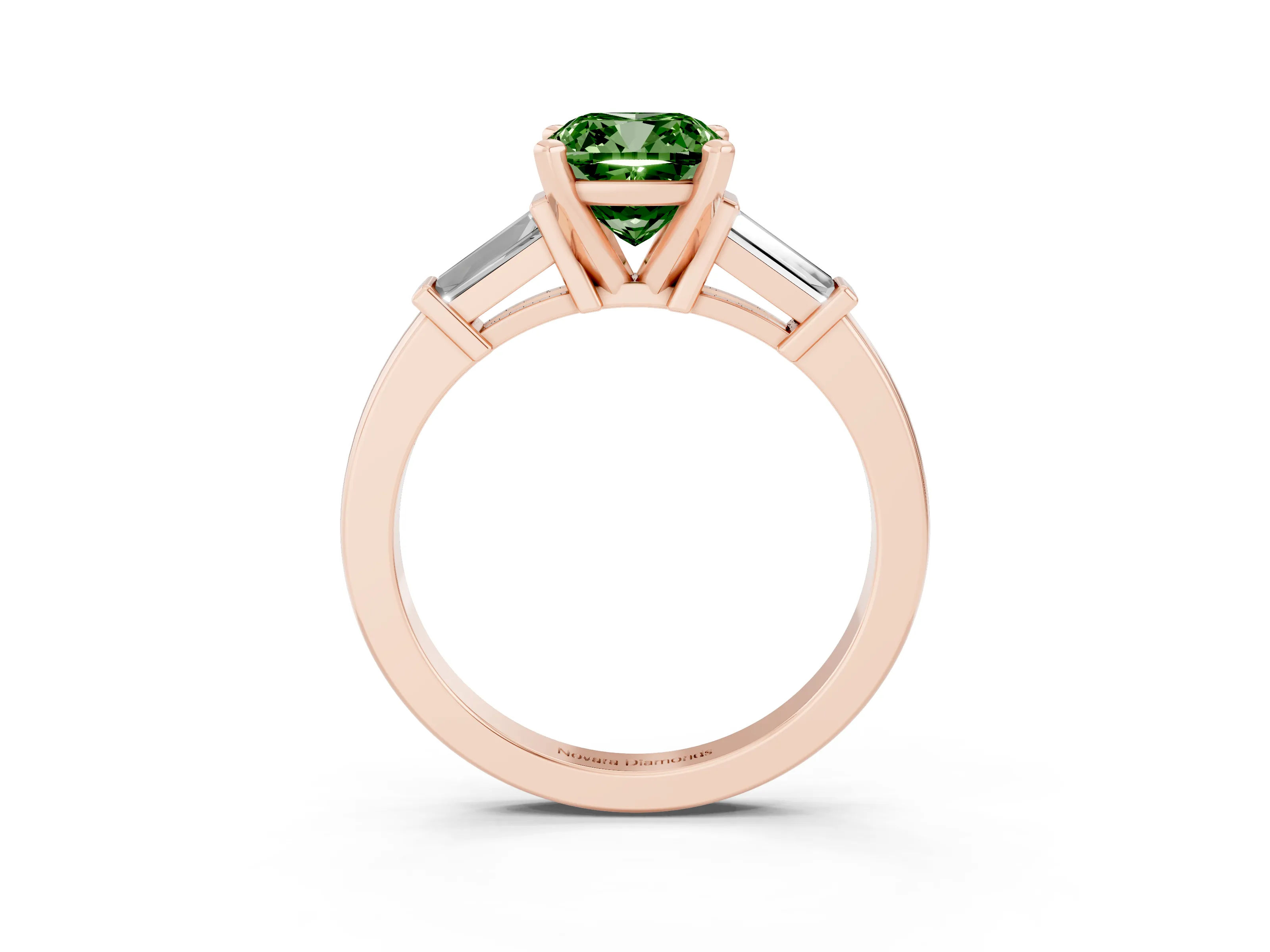 Fancy Green Cushion Cut Diamond Solitaire Ring Set in Rose gold with Tapered Baguette Accents and Prong Setting