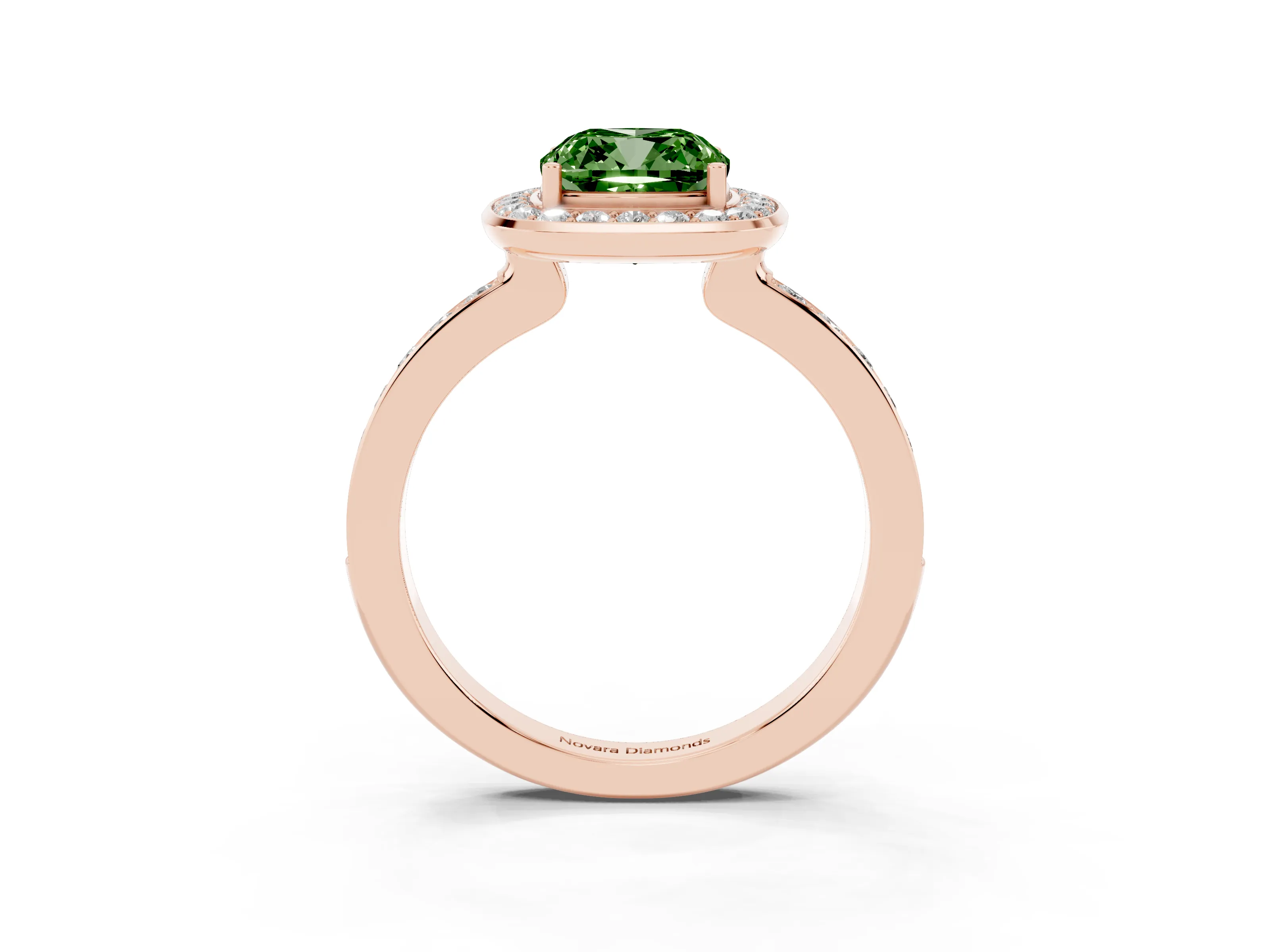 Fancy Green Cushion Cut Diamond Halo Ring Set in Rose gold with Bezel Frame and Pavé Band