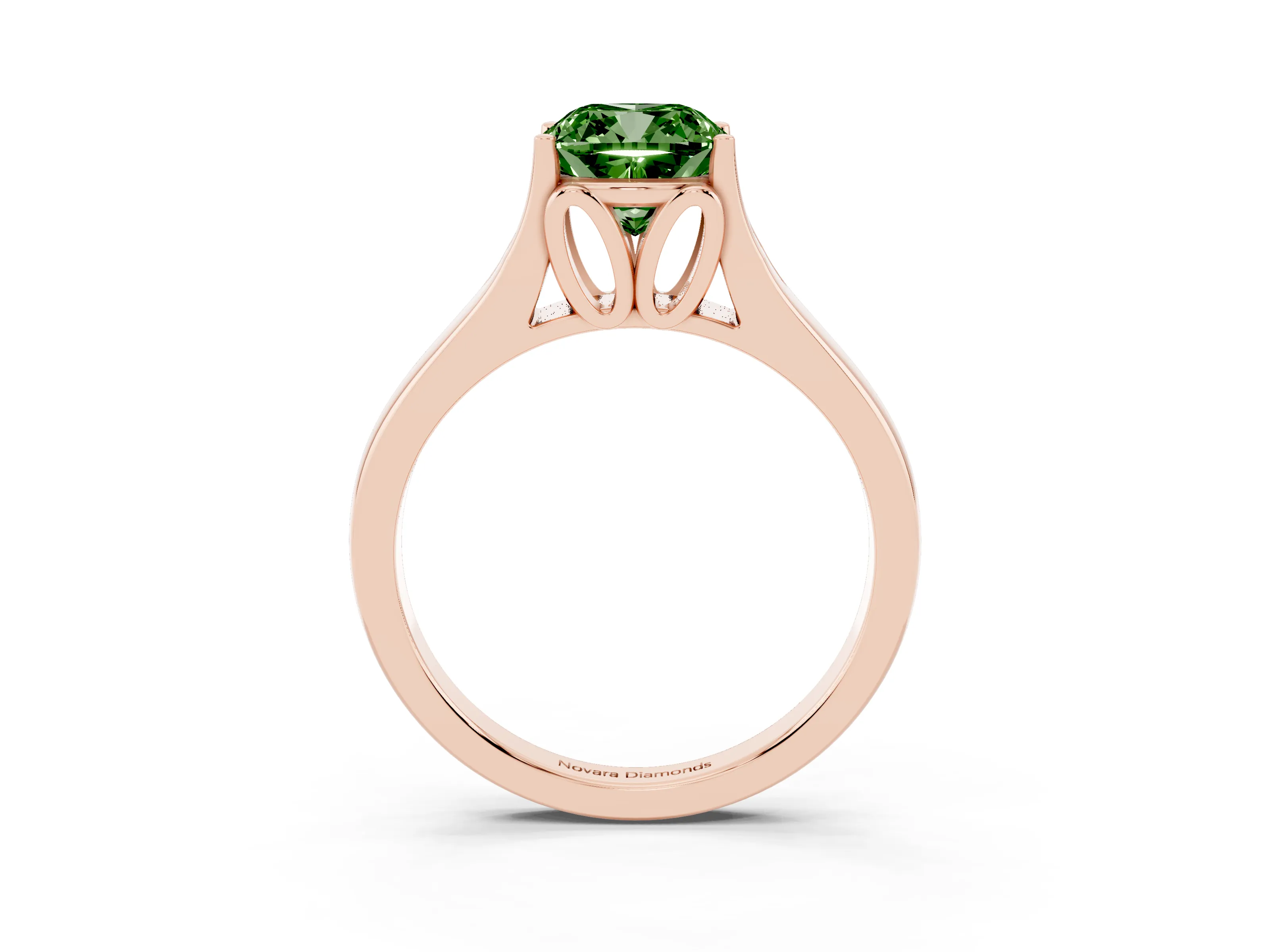 Fancy Green Cushion Cut Diamond Solitaire Ring Set in Rose gold with Arched Cathedral Band and Prong Setting