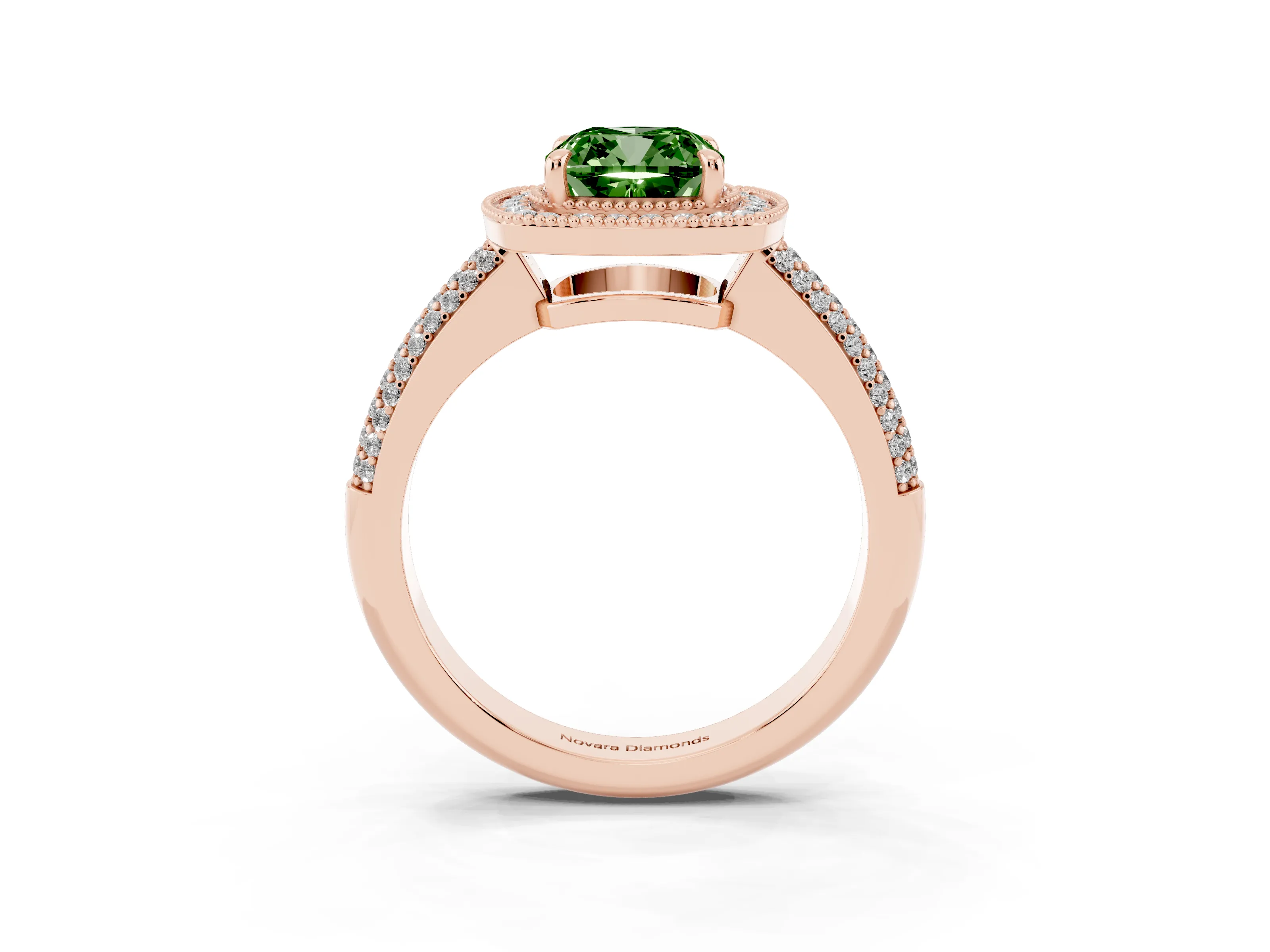 Fancy Green Cushion Cut Diamond Halo Pavé Band Set in Rose gold with Prong Setting