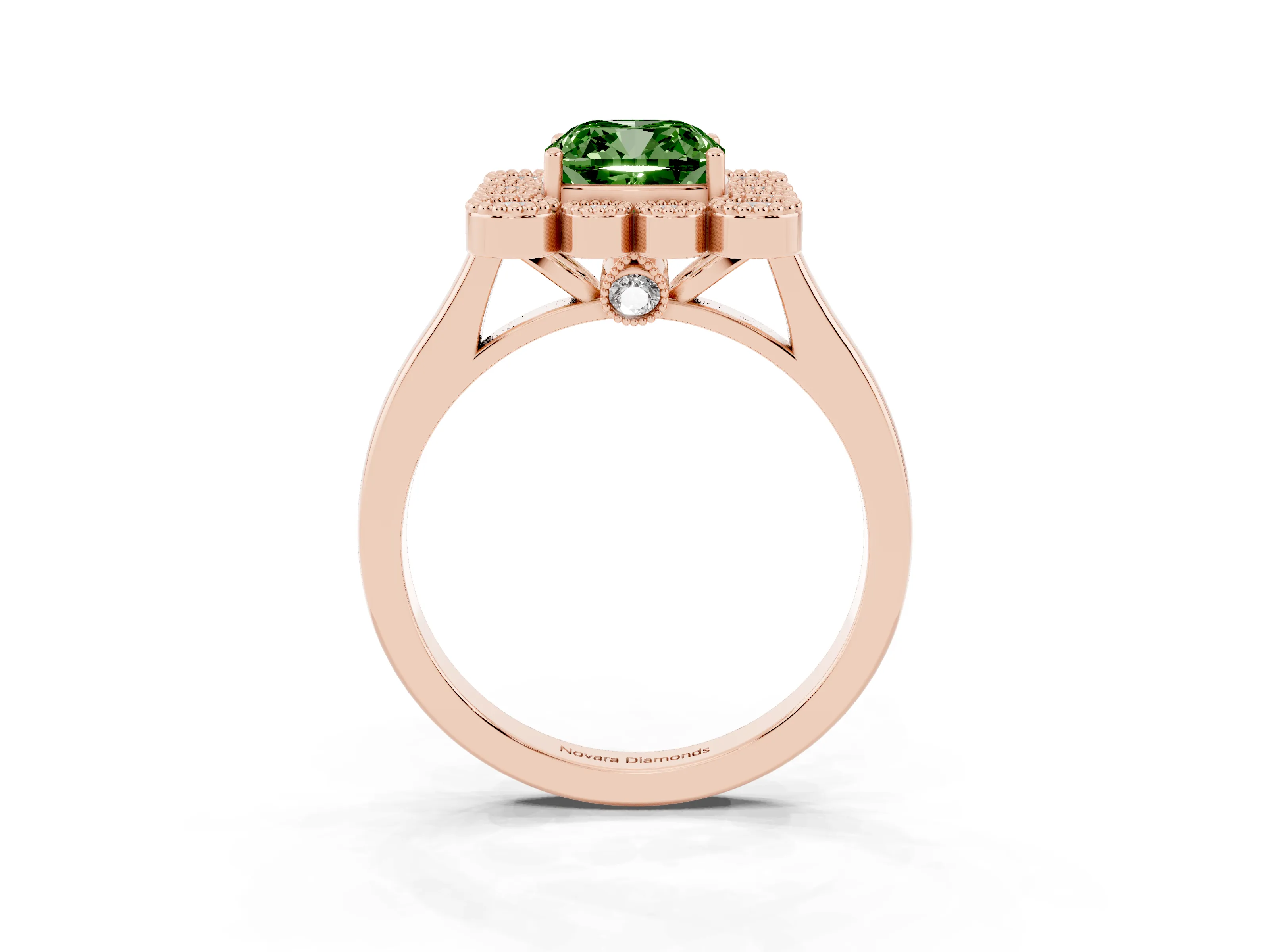 Fancy Green Cushion Cut Diamond Cluster Halo Ring Set in Rose gold with Milgrain Bezel Accents and Plain Band