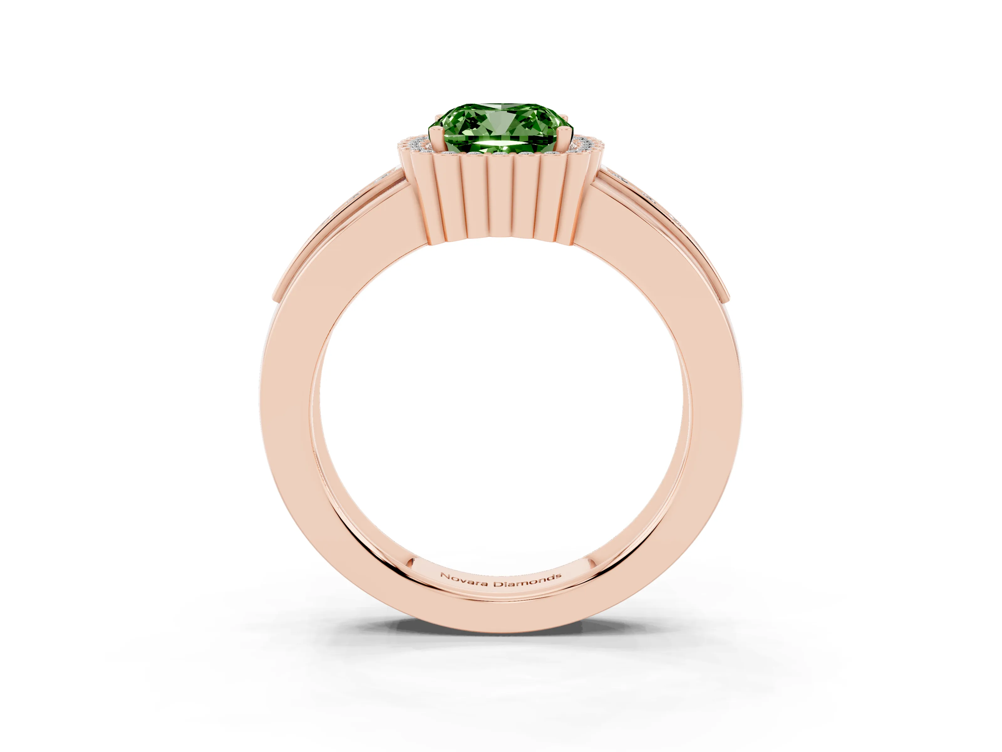 Fancy Green Cushion Cut Diamond Halo Prong Ring Set in Rose gold with Pavé Band