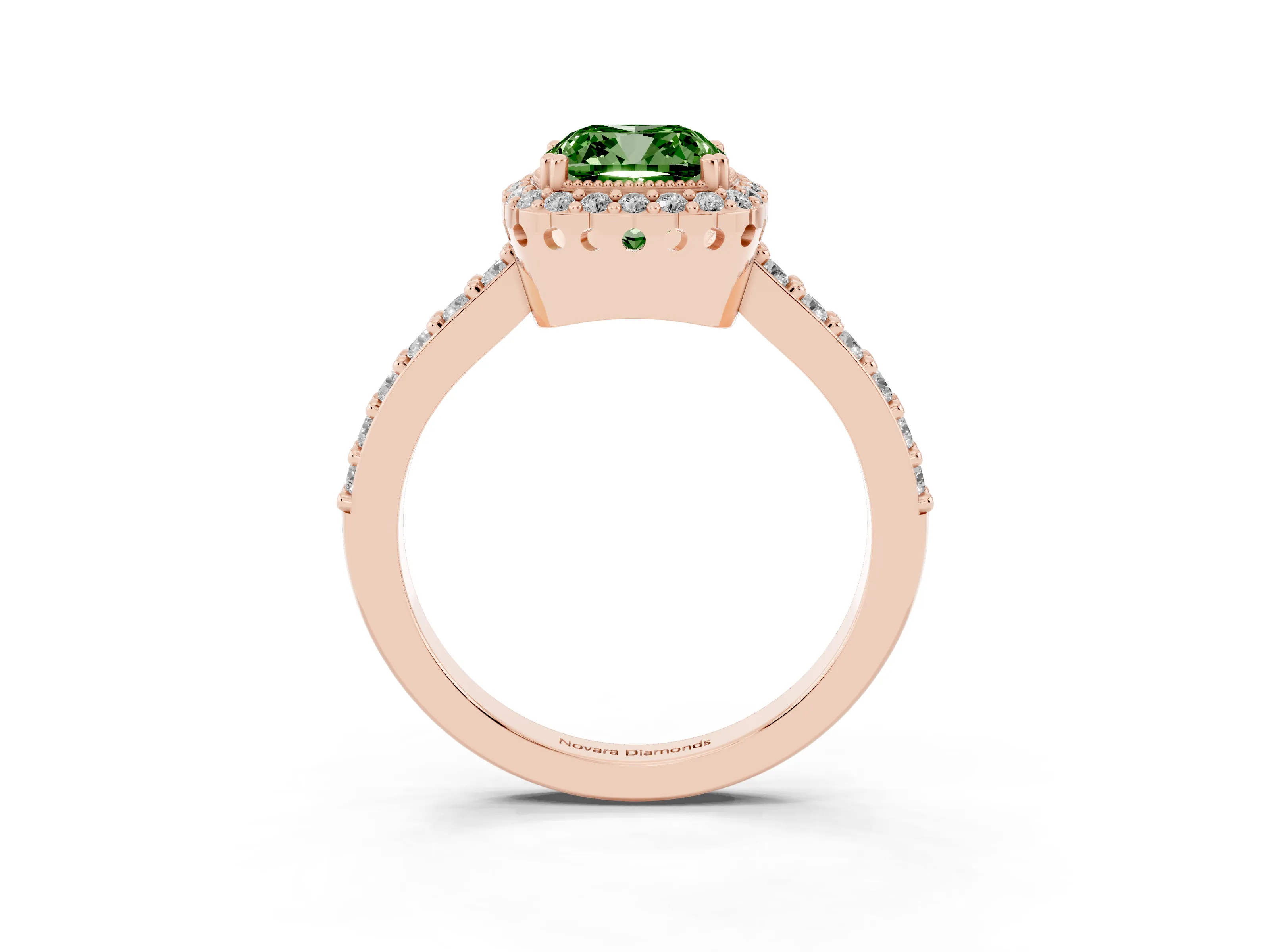 Fancy Green Cushion Cut Diamond Halo Engagement Ring Set in Rose gold with Milgrain Detail and Pavé Band