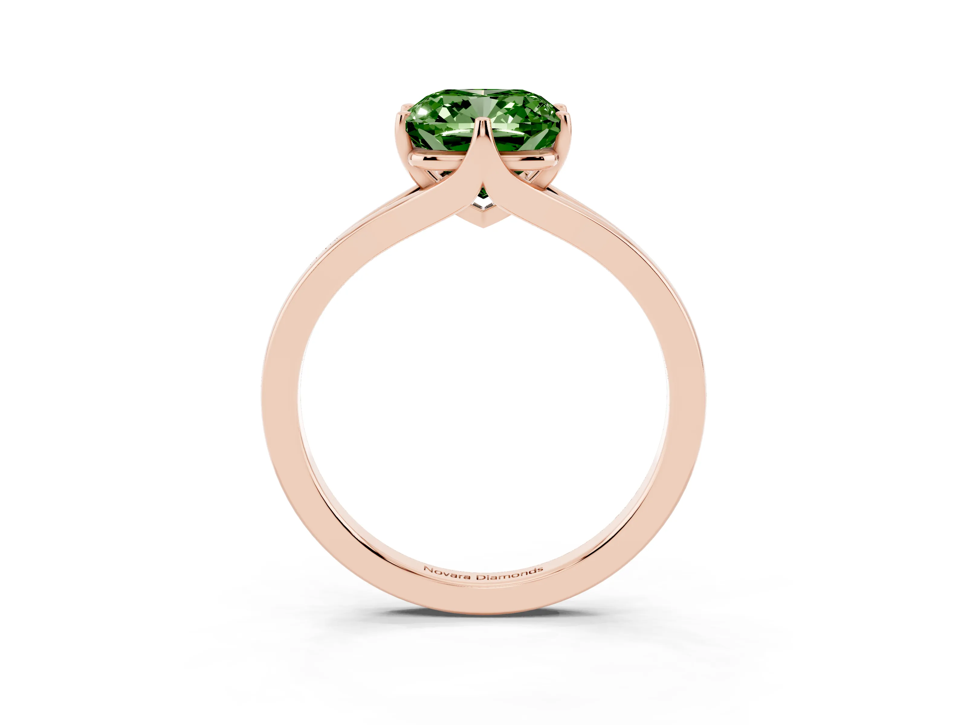 Fancy Green Cushion Cut Diamond Solitaire Ring Set in Rose gold with Polished Tapered Band and Prong Setting