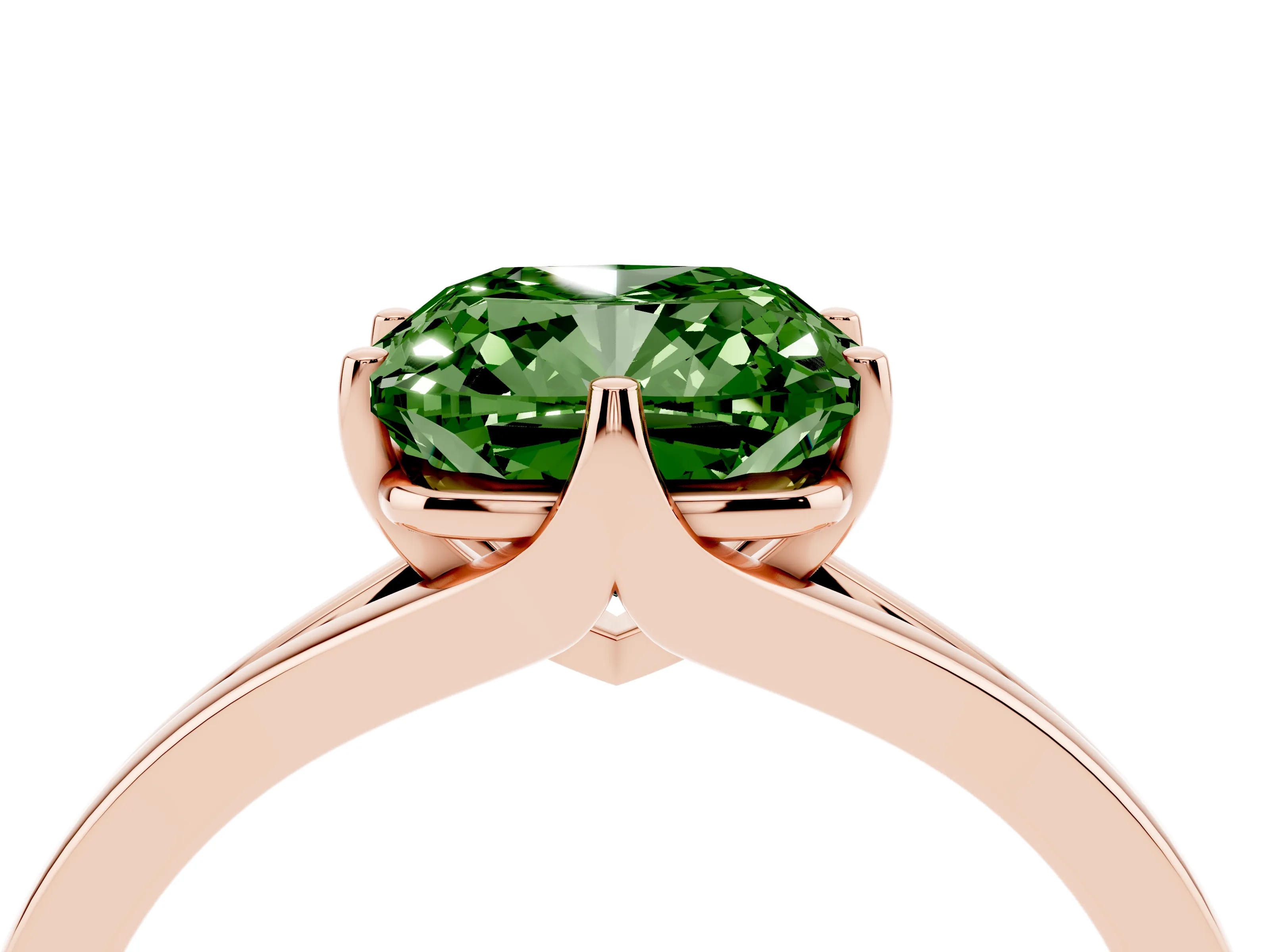 Fancy Green Cushion Cut Diamond Solitaire Ring Set in Rose gold with Polished Tapered Band and Prong Setting