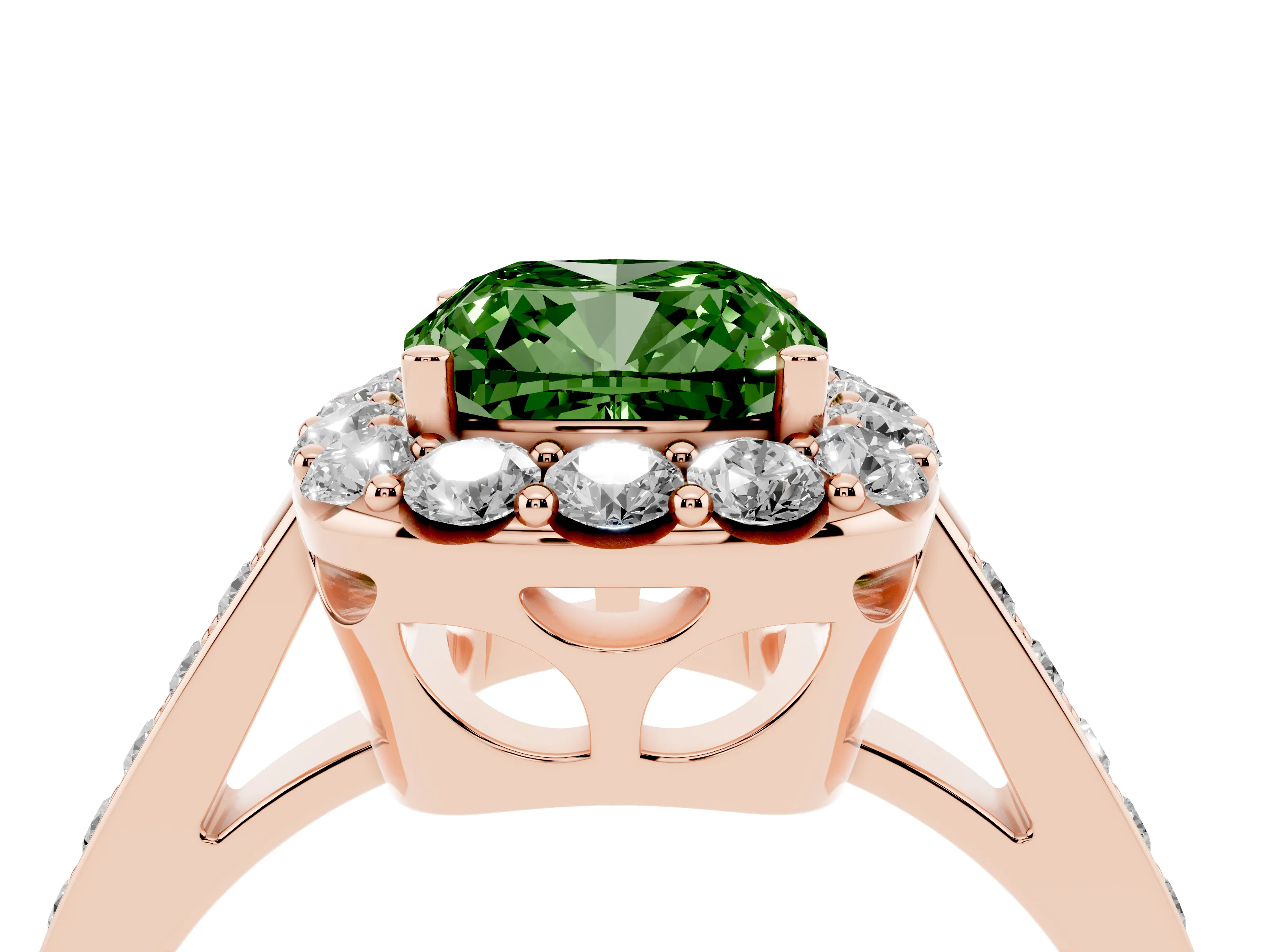 Fancy Green Cushion Cut Diamond Floral Halo Ring Set in Rose gold with Pavé Band and Prong Setting