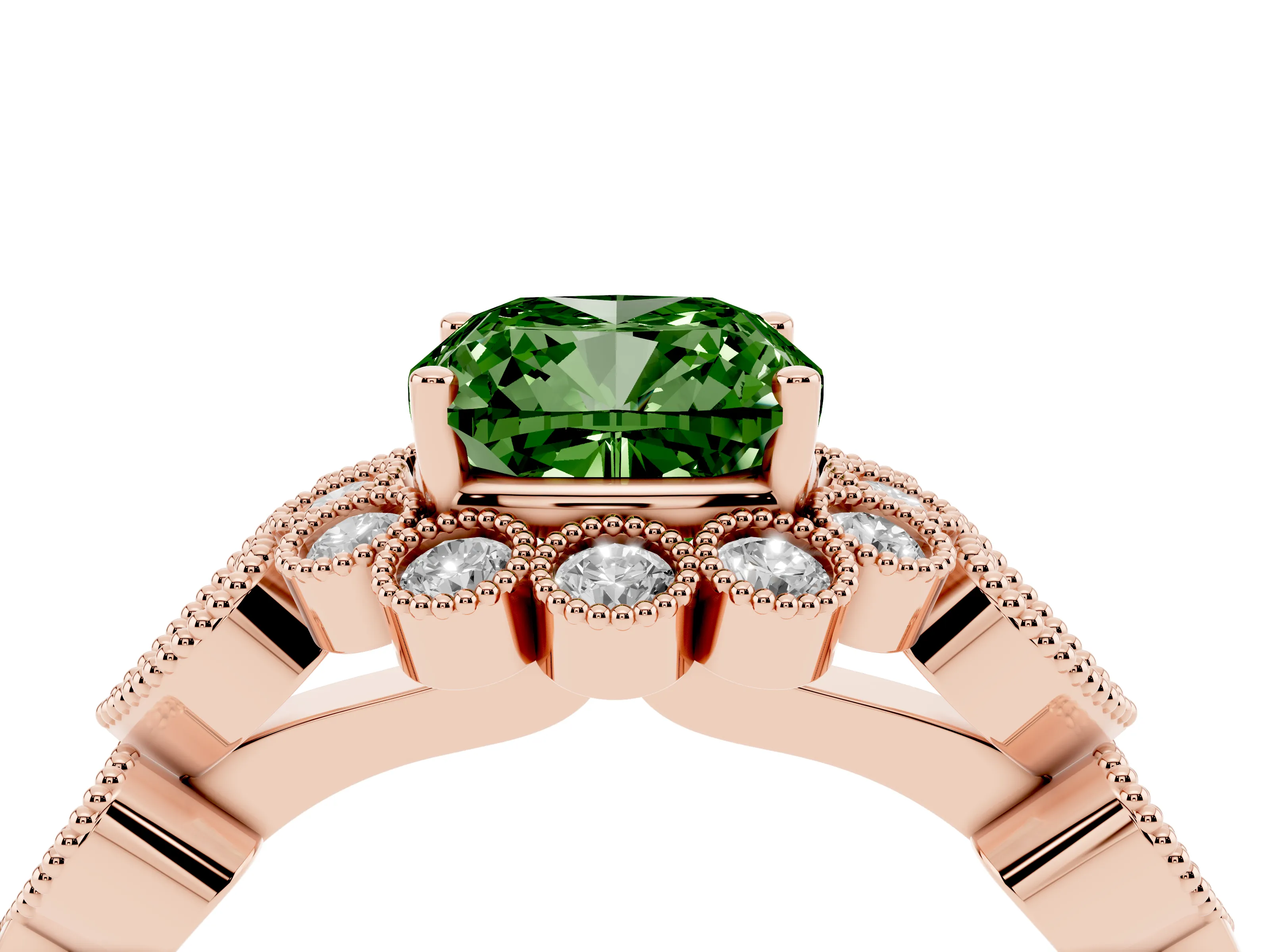 Fancy Green Cushion Cut Diamond Solitaire Ring Set in Rose gold with Milgrain Pavé Heart Band