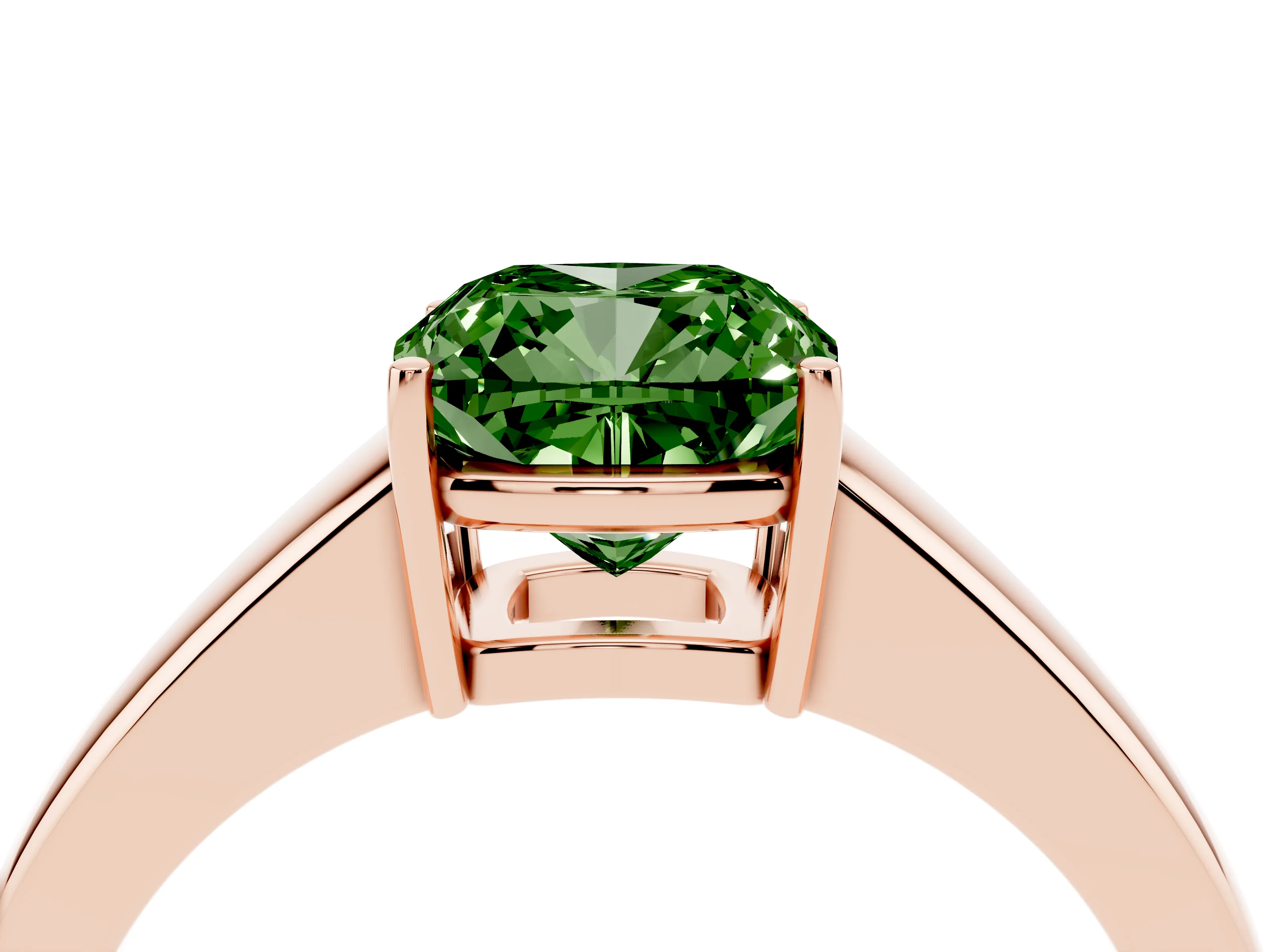 Fancy Green Cushion Cut Diamond Solitaire Ring Set in Rose gold with Tapered Band and Prong Setting