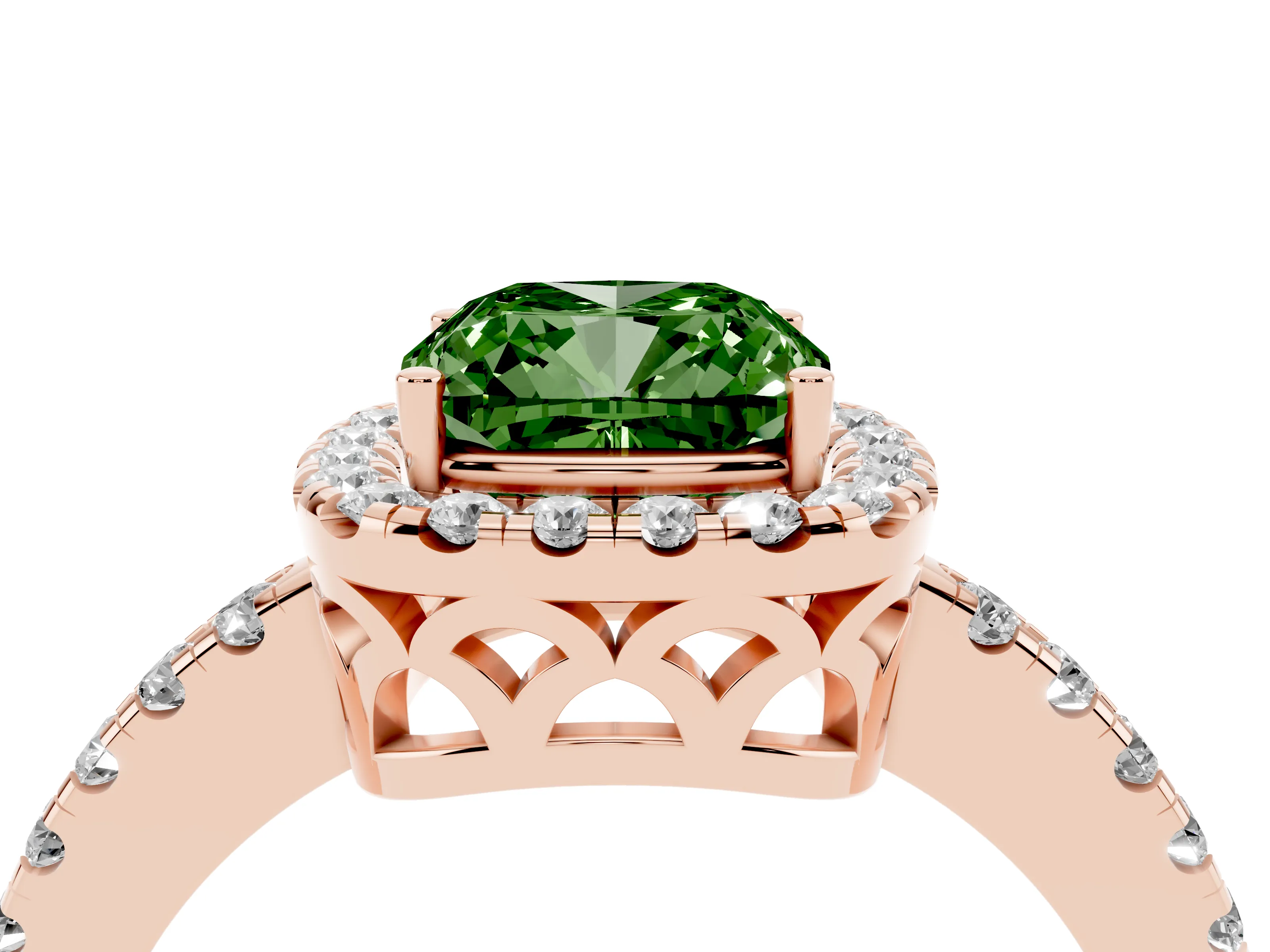 Fancy Green Cushion Cut Diamond Pavé Band Halo Engagement Ring Set in Rose gold with Prong Setting