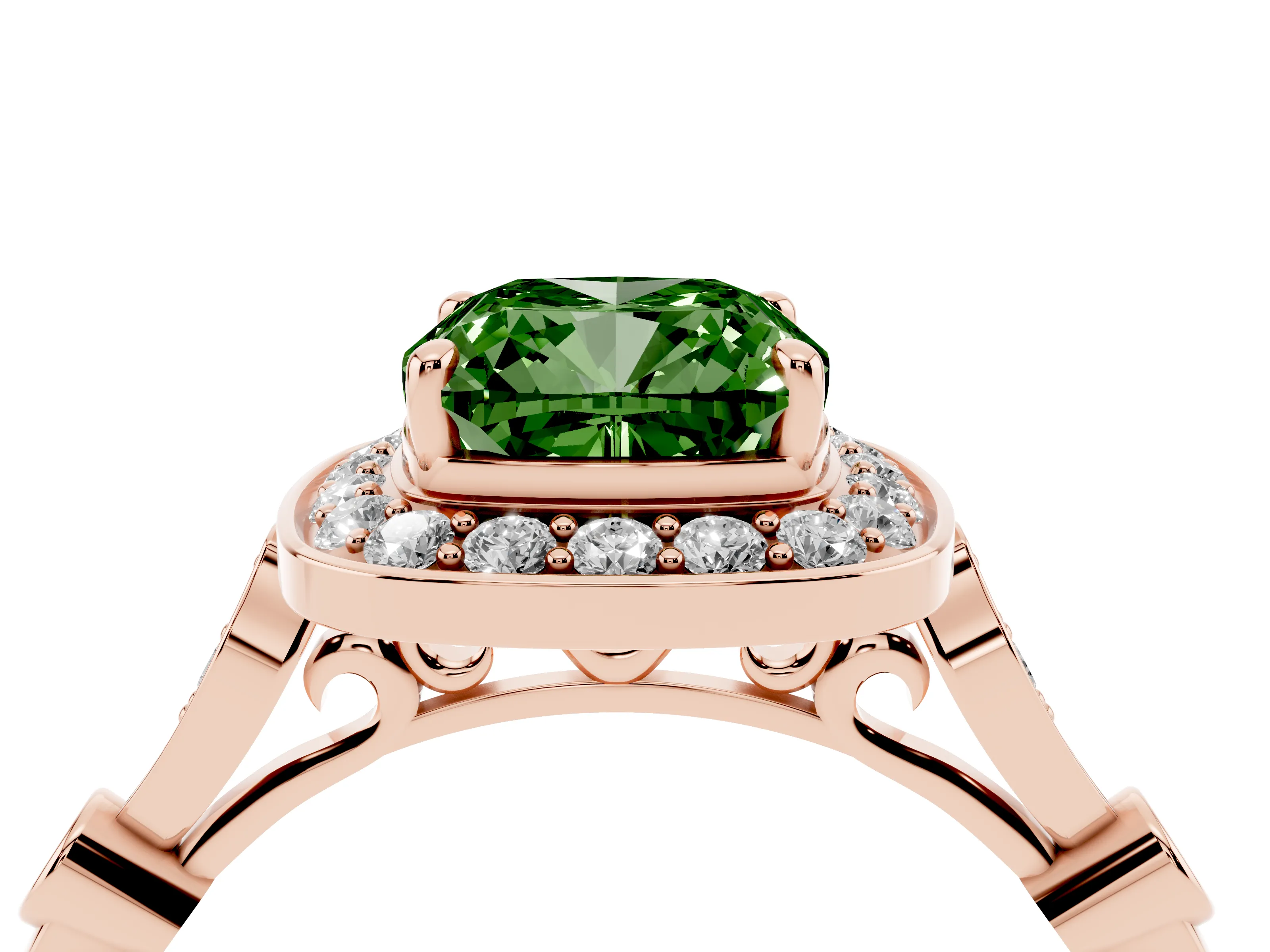 Fancy Green Cushion Cut Diamond Halo Engagement Ring Set in Rose gold with Twisted Band and Prong Setting