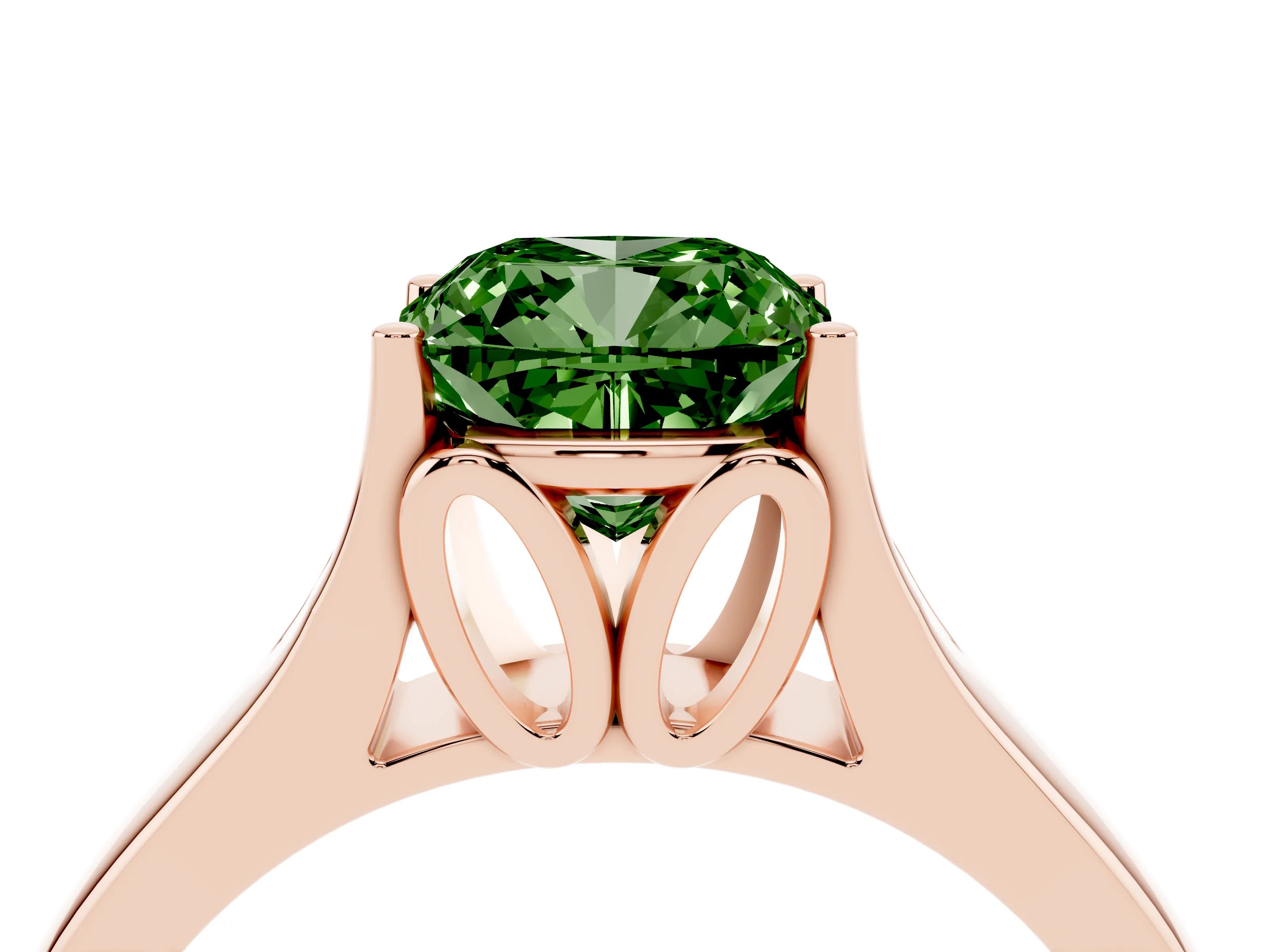 Fancy Green Cushion Cut Diamond Solitaire Ring Set in Rose gold with Arched Cathedral Band and Prong Setting