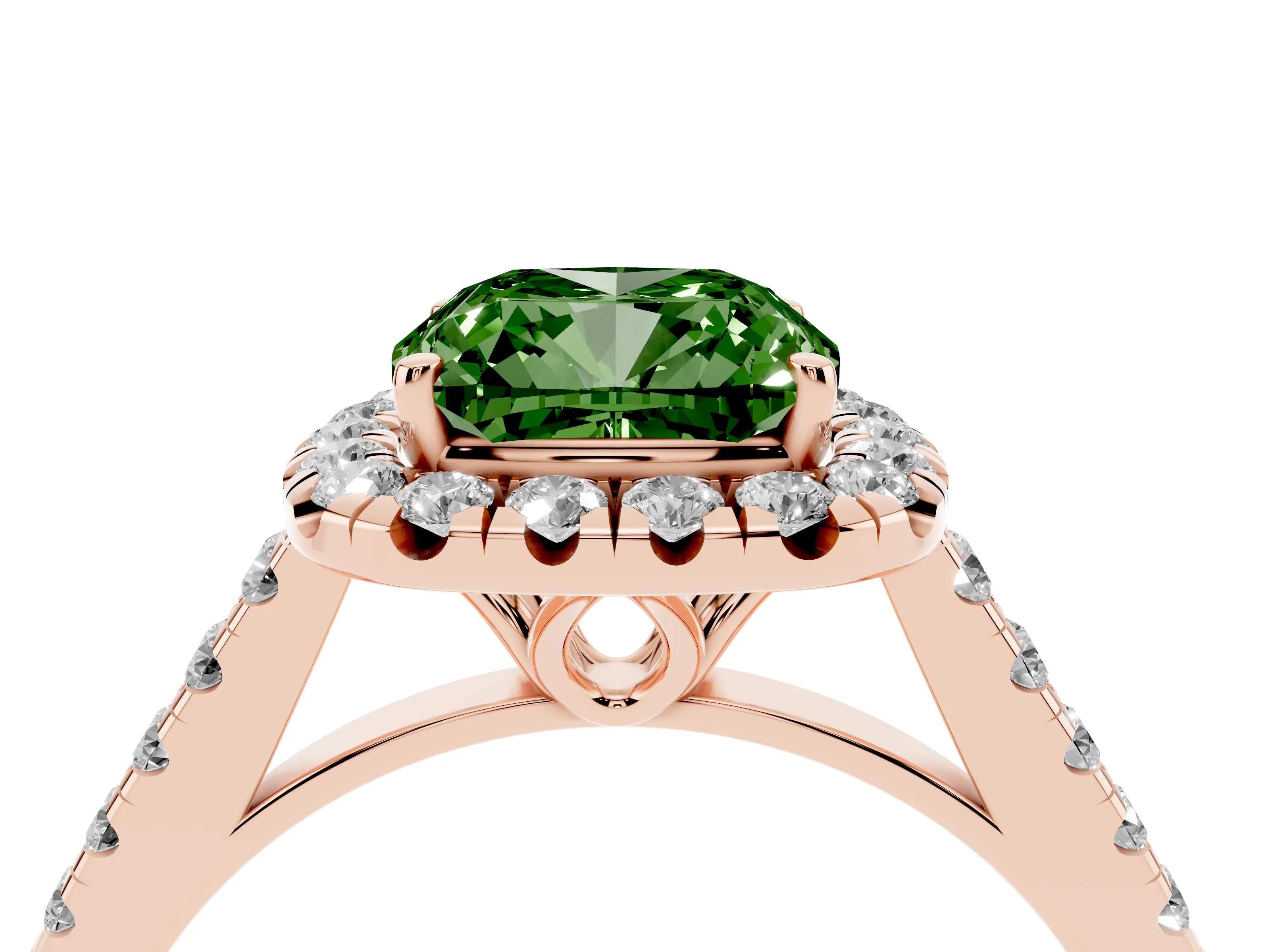 Fancy Green Cushion Cut Diamond Pavé Halo Engagement Ring Set in Rose gold with Pavé Band and Prong Setting