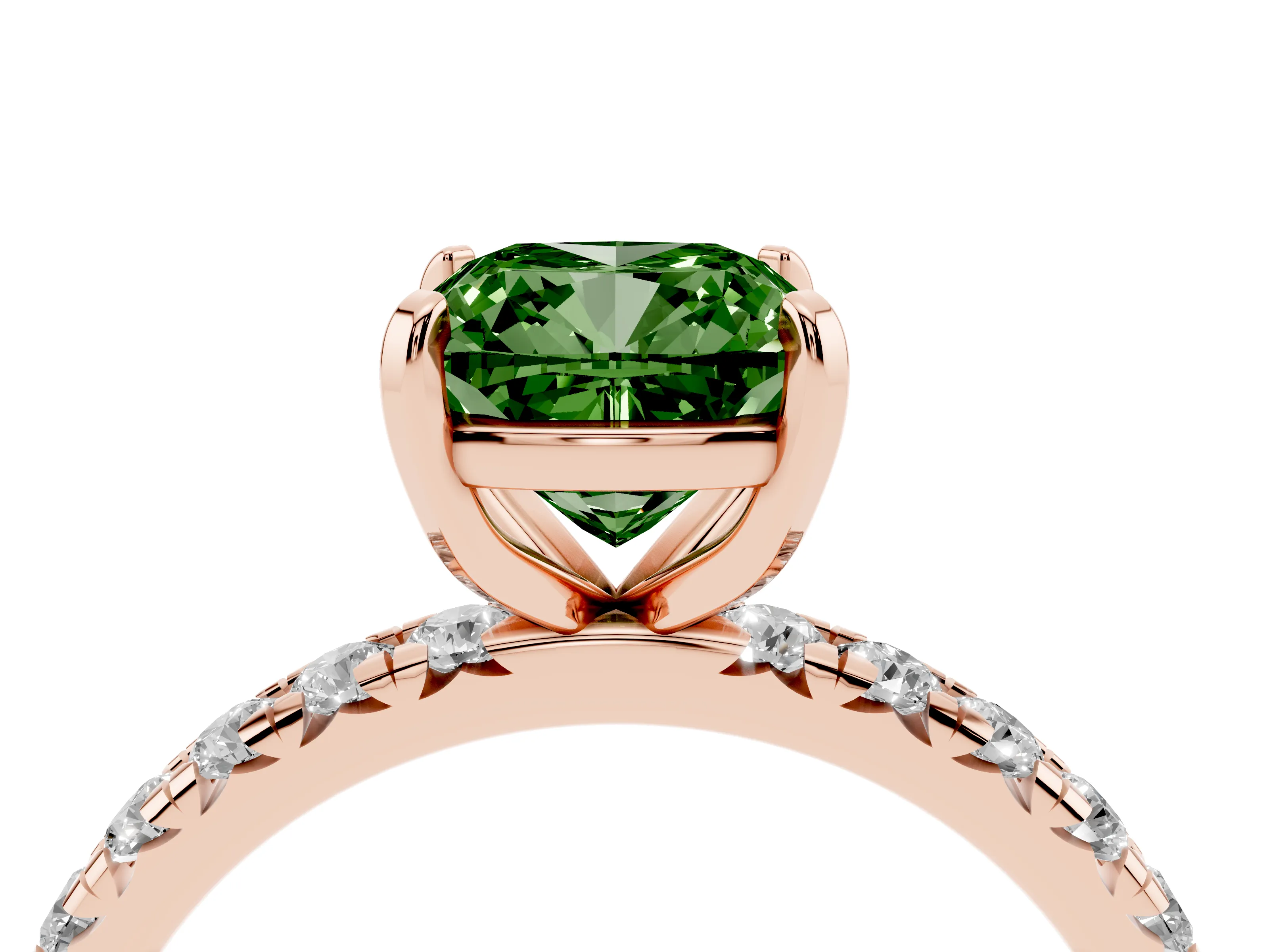 Fancy Green Cushion Cut Diamond Pavé Solitaire Ring Set in Rose gold with Round Band and Prong Setting