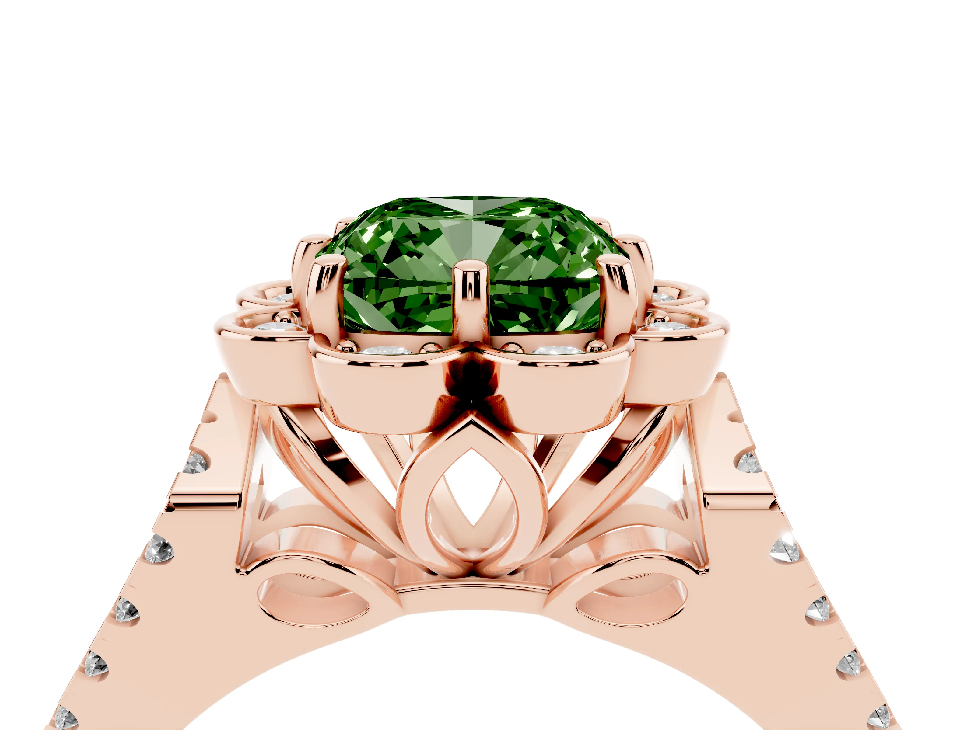 Fancy Green Cushion Cut Diamond Floral Halo Split Shank Engagement Ring Set in Rose gold with Pavé Shank