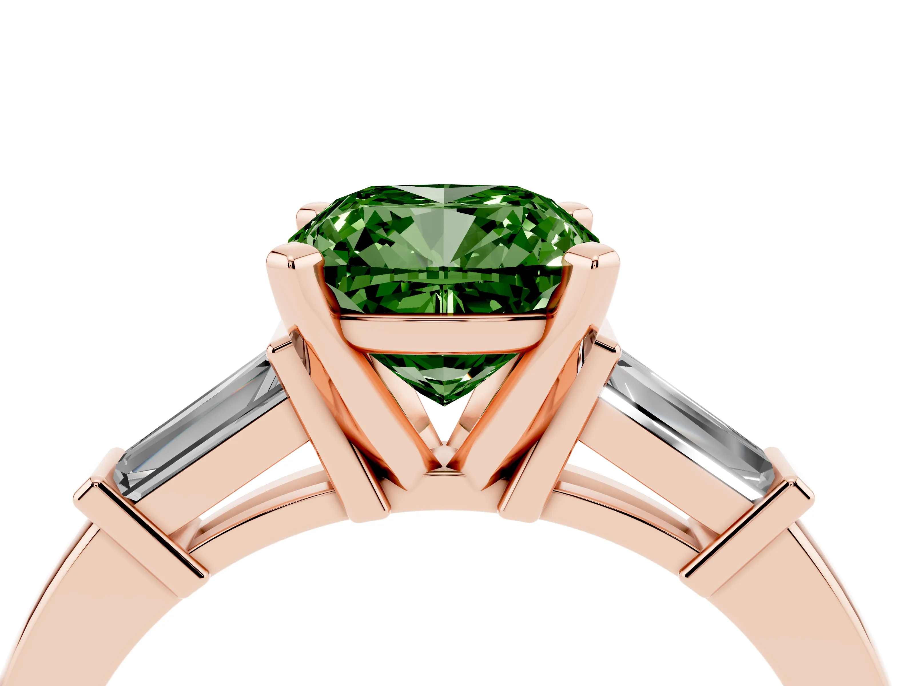 Fancy Green Cushion Cut Diamond Solitaire Ring Set in Rose gold with Tapered Baguette Accents and Prong Setting