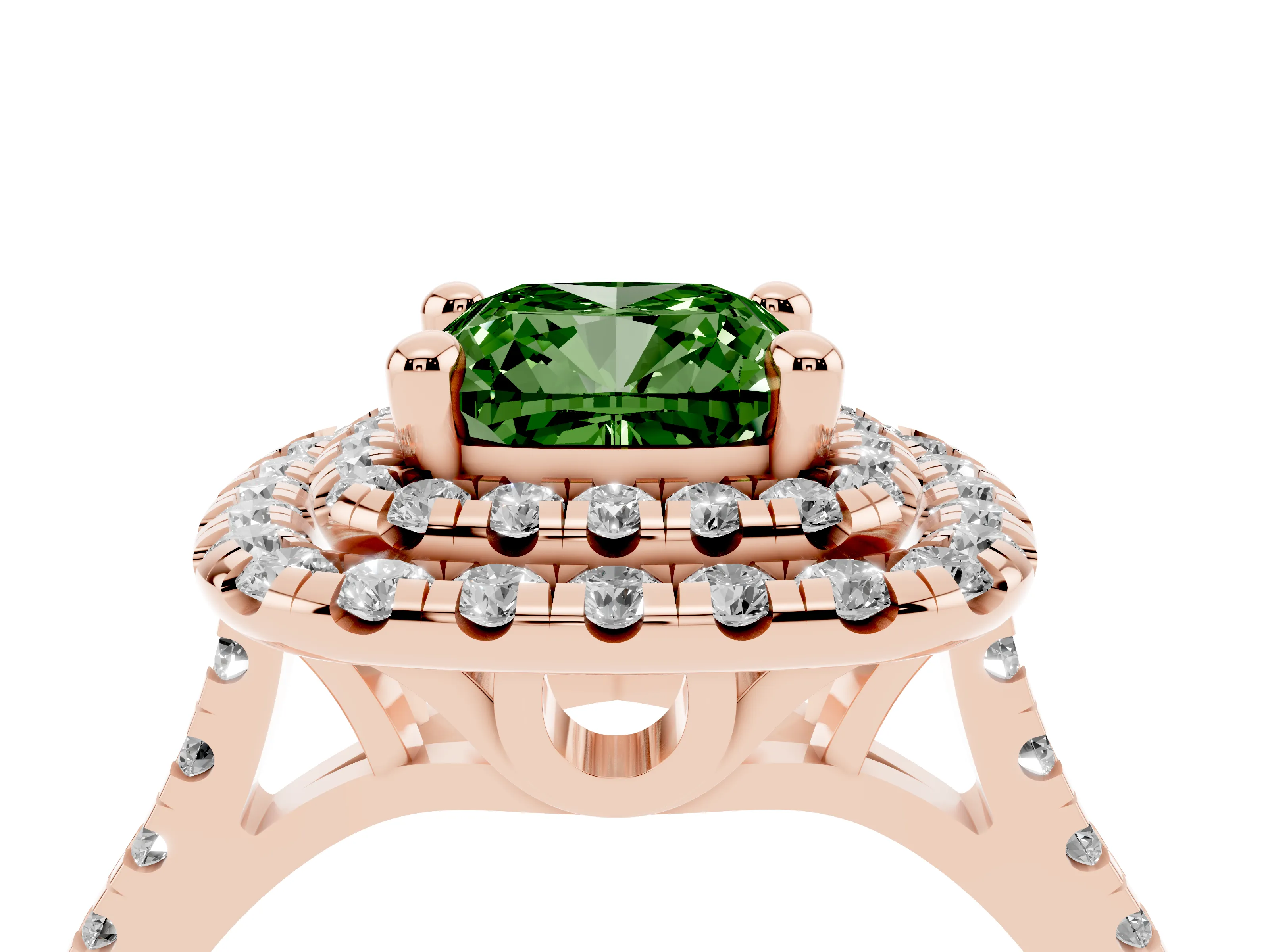 Fancy Green Cushion Cut Diamond Double Halo Statement Ring Set in Rose gold with Pavé Band