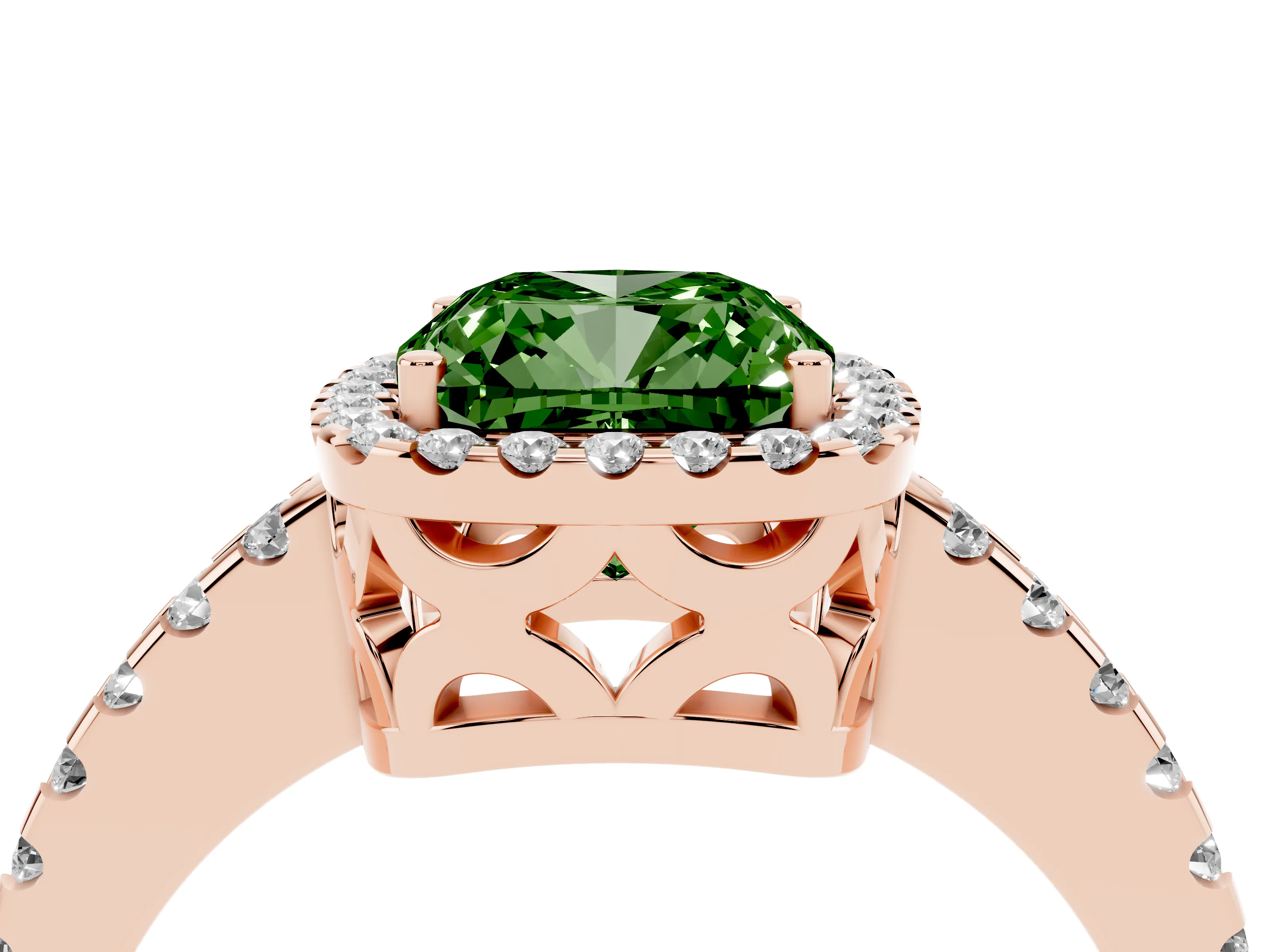 Fancy Green Cushion Cut Diamond Halo Ring Set in Rose gold with Pavé Shoulders and Halo-Framed Center