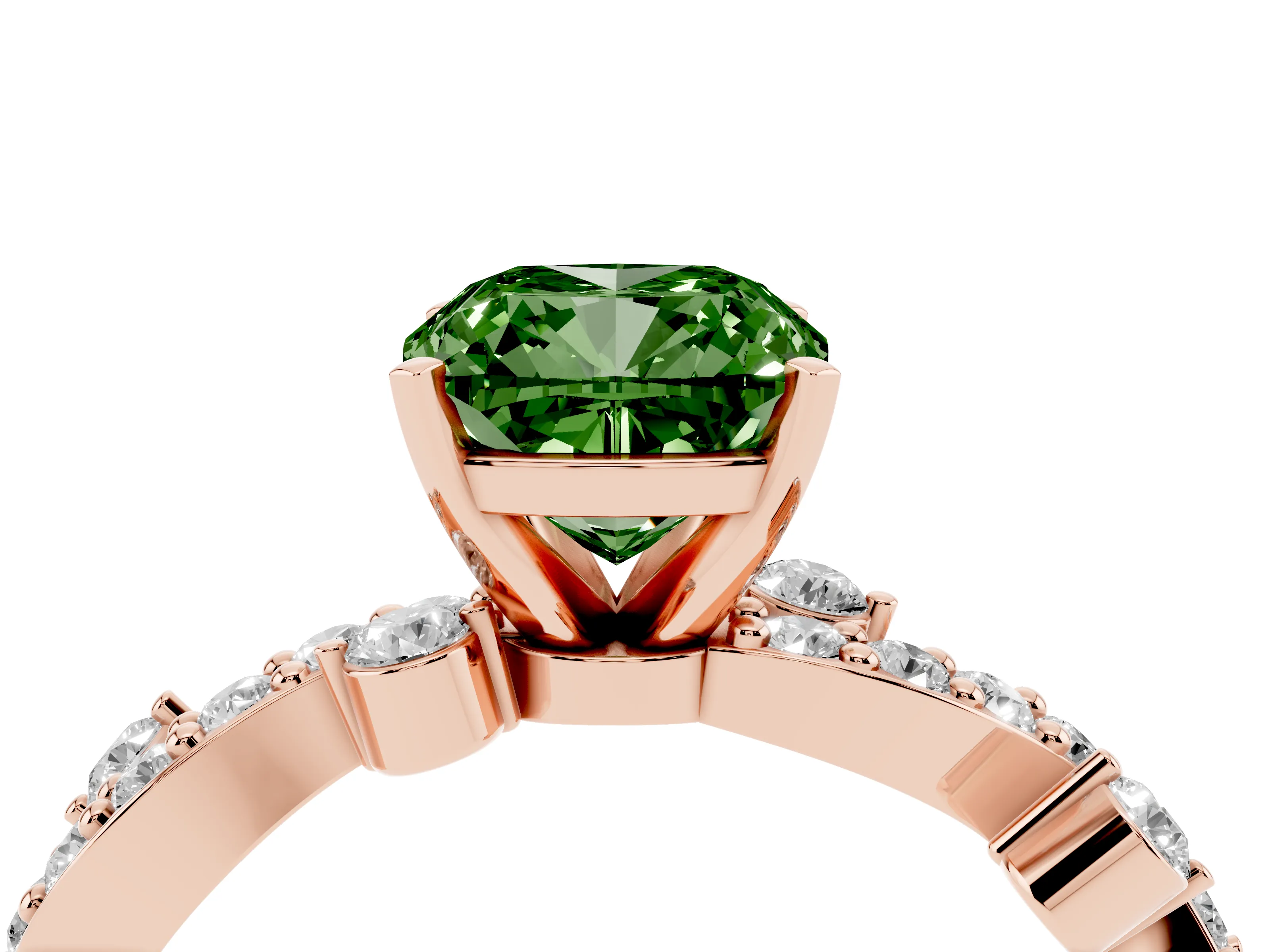 Fancy Green Cushion Cut Diamond Solitaire Twisted Band Set in Rose gold with Pavé Setting