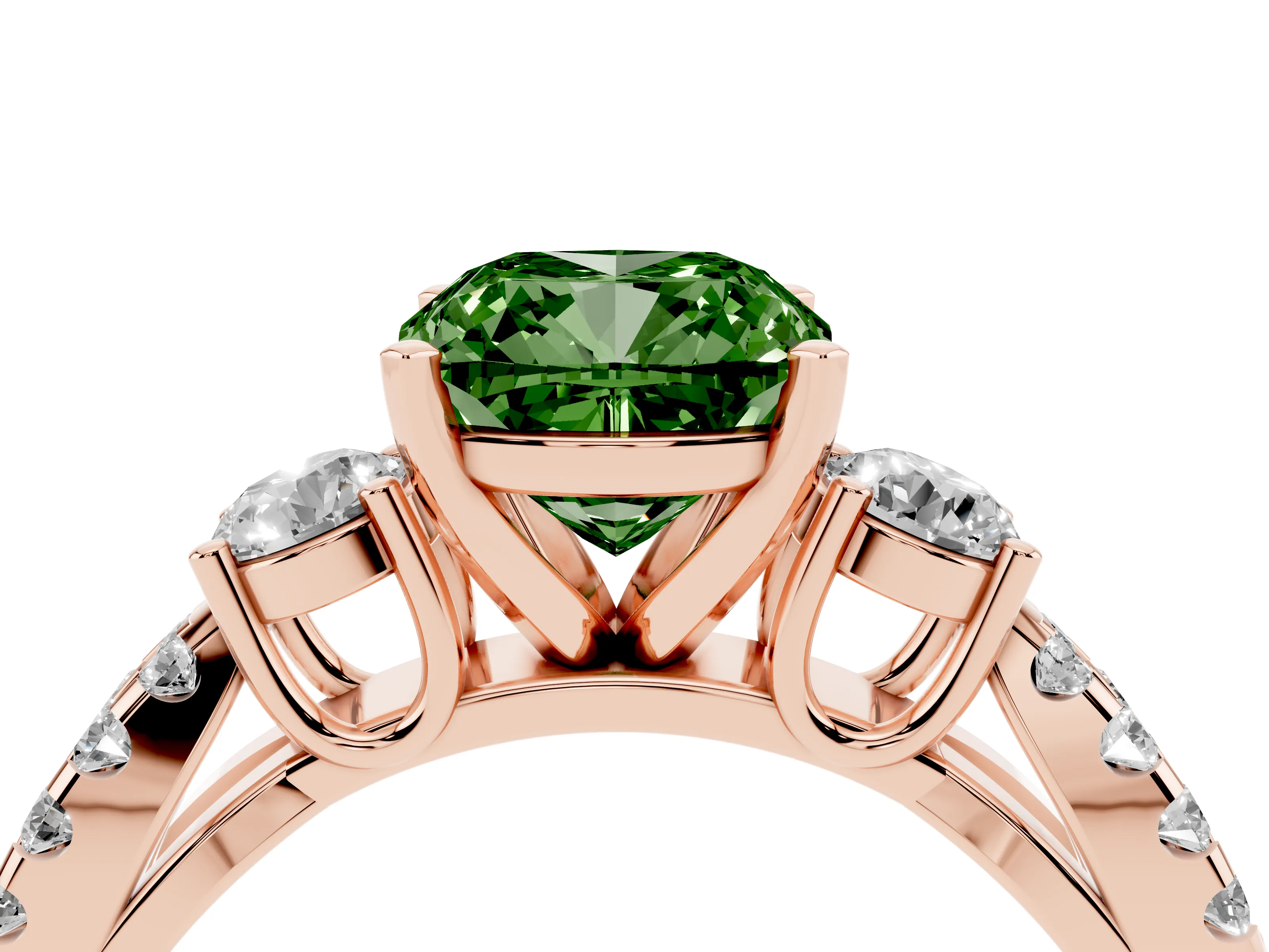 Fancy Green Cushion Cut Diamond Three-Stone Ring Set in Rose gold with Pavé Split Shank and Prong Setting
