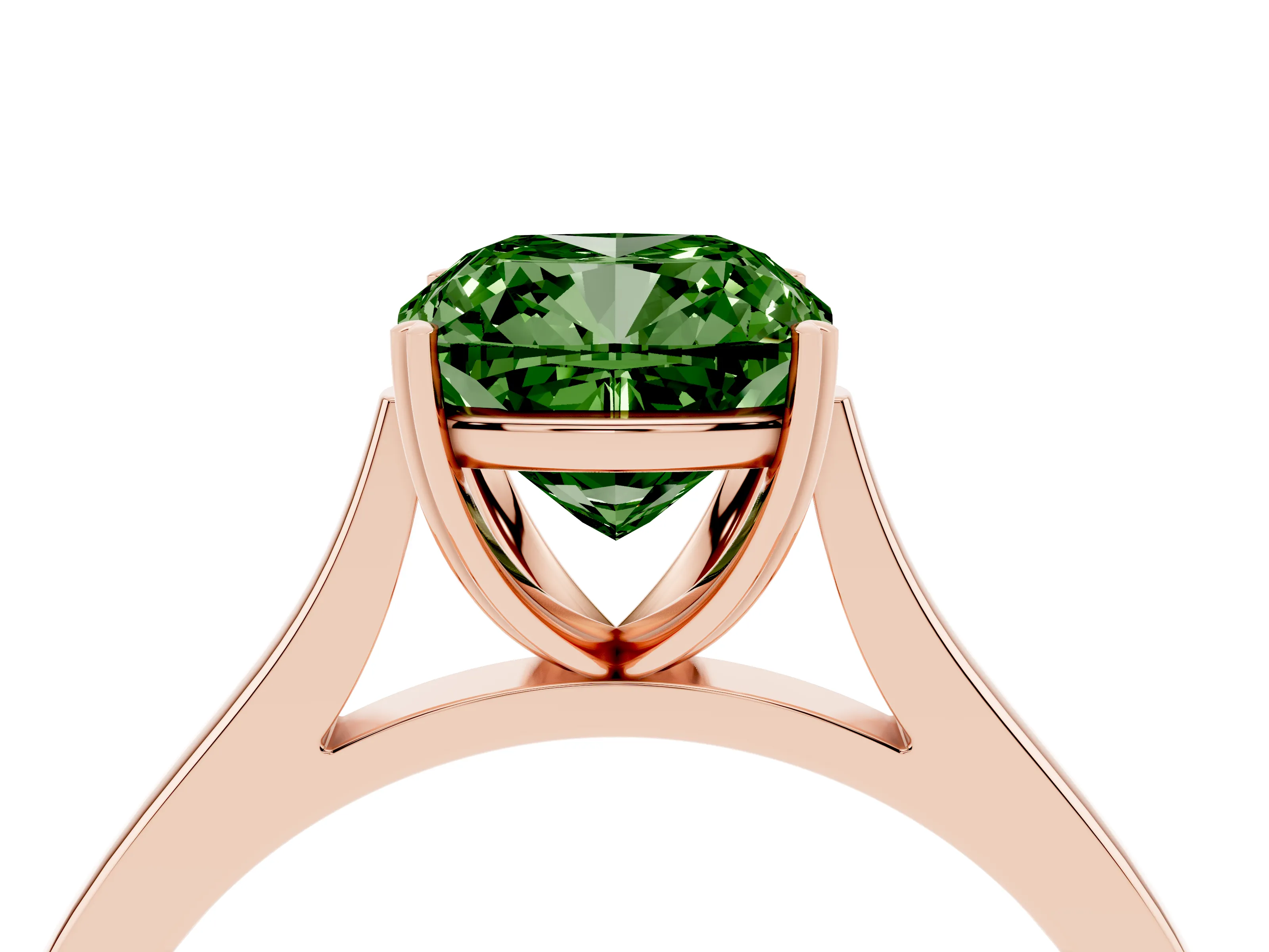 Fancy Green Cushion Cut Diamond Solitaire Heart Prong Engagement Ring Set in Rose gold with Tapered Band