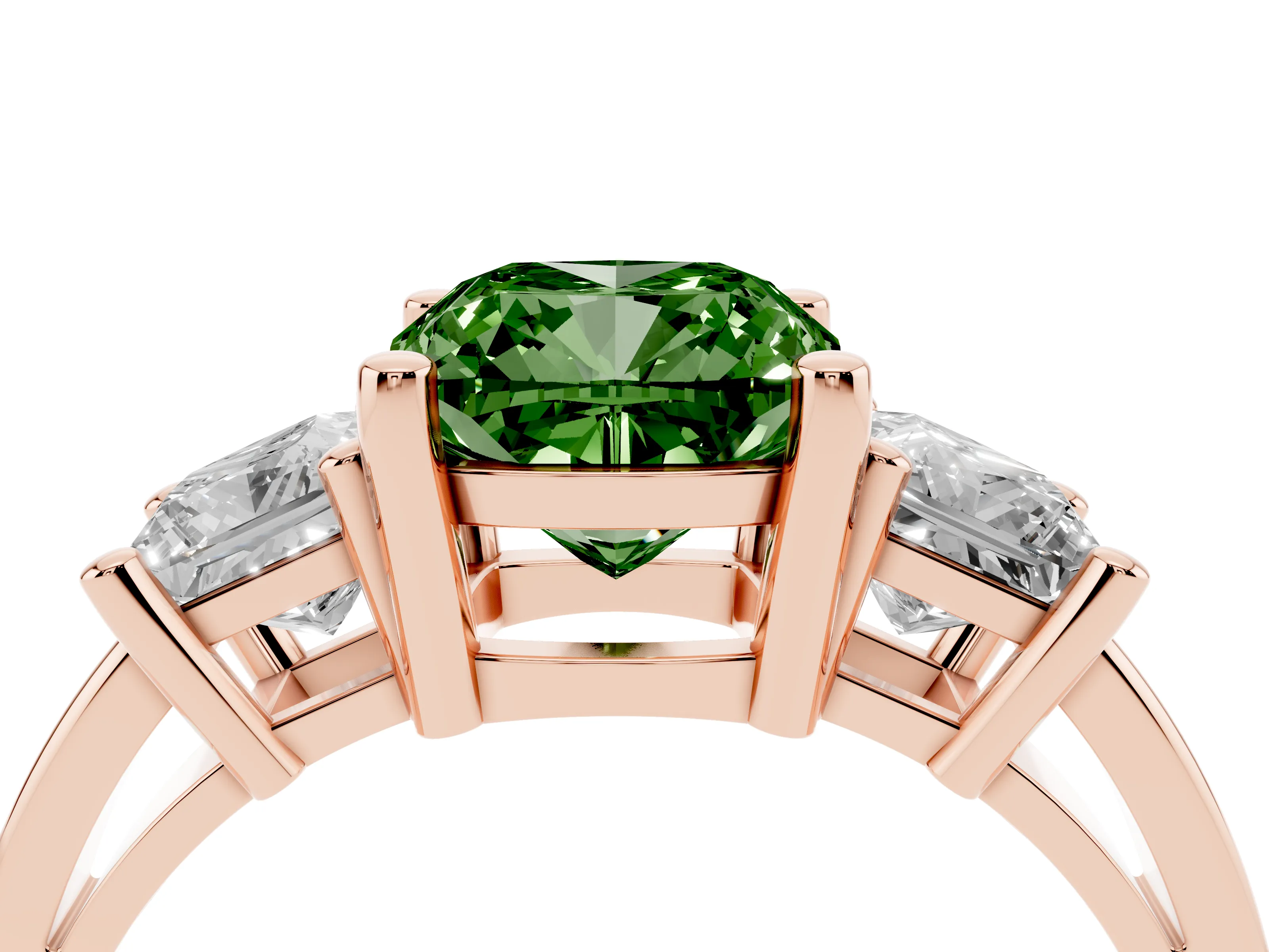 Fancy Green Three-Stone Cushion Cut Diamond Solitaire Ring Set in Rose gold with Prong Setting