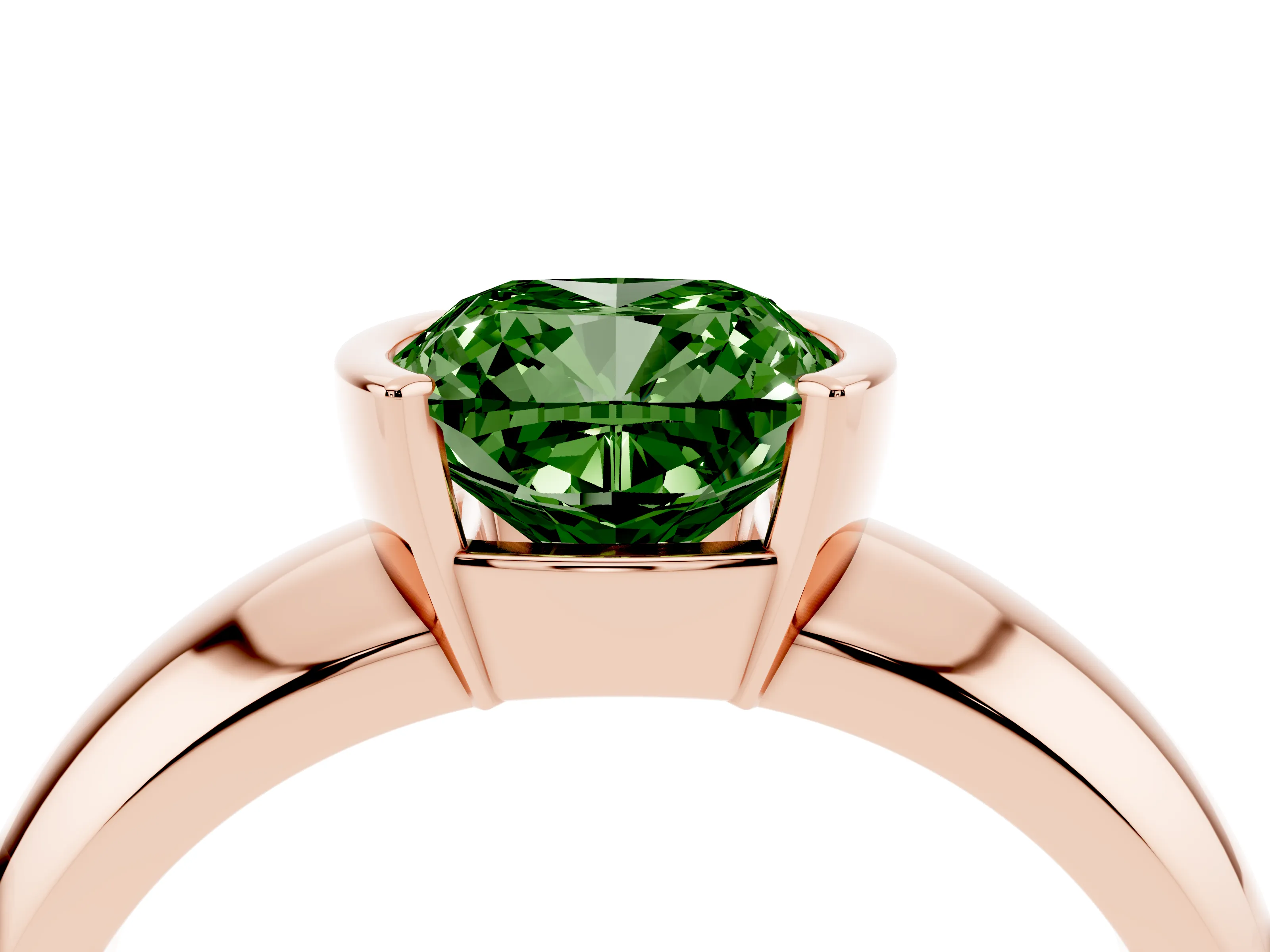 Fancy Green Cushion Cut Diamond Solitaire Tension Set Ring Set in Rose gold with Wide Band