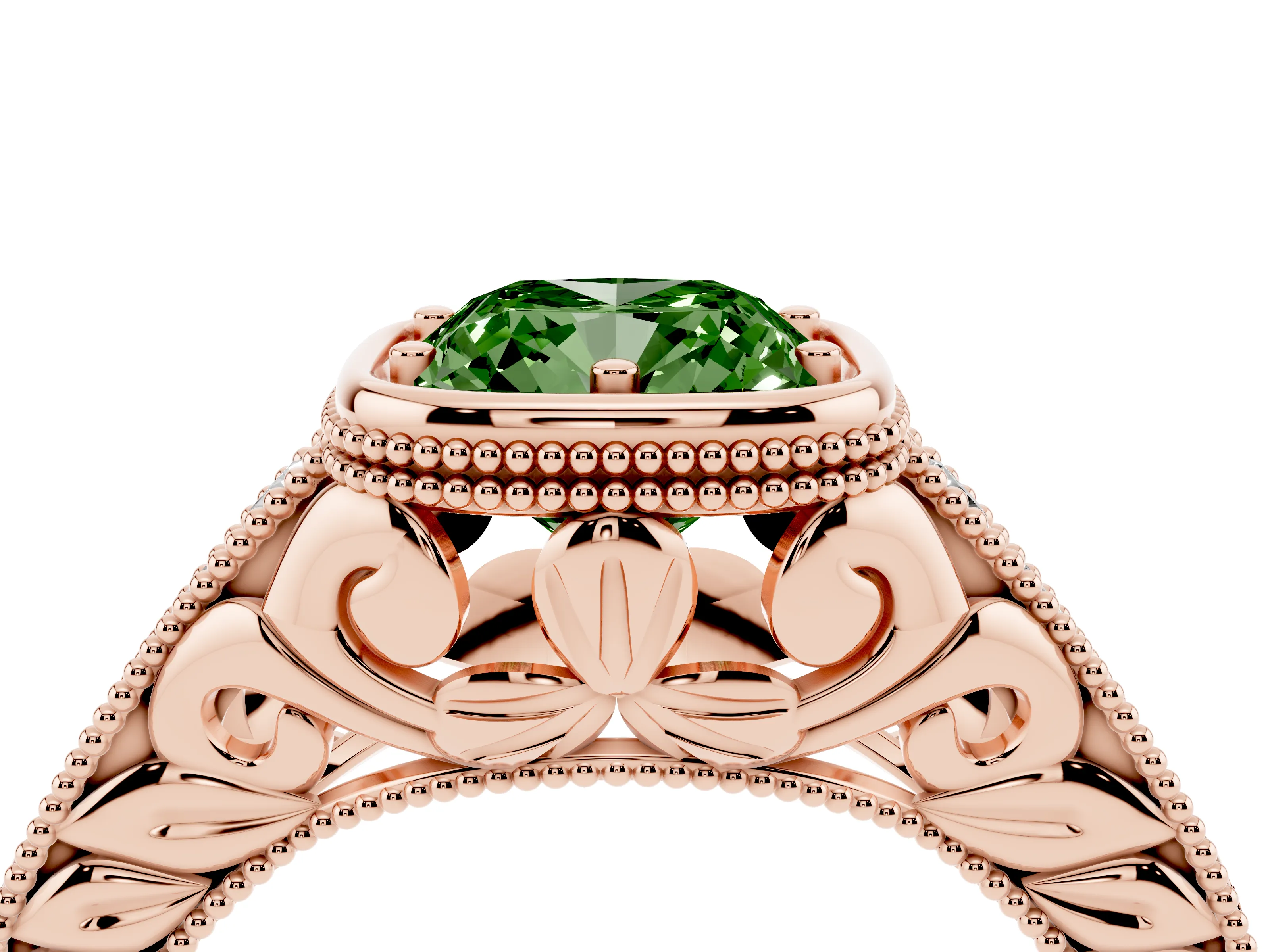 Fancy Green Bezel Set Cushion Cut Diamond Milgrain Pavé Engagement Ring Set in Rose gold