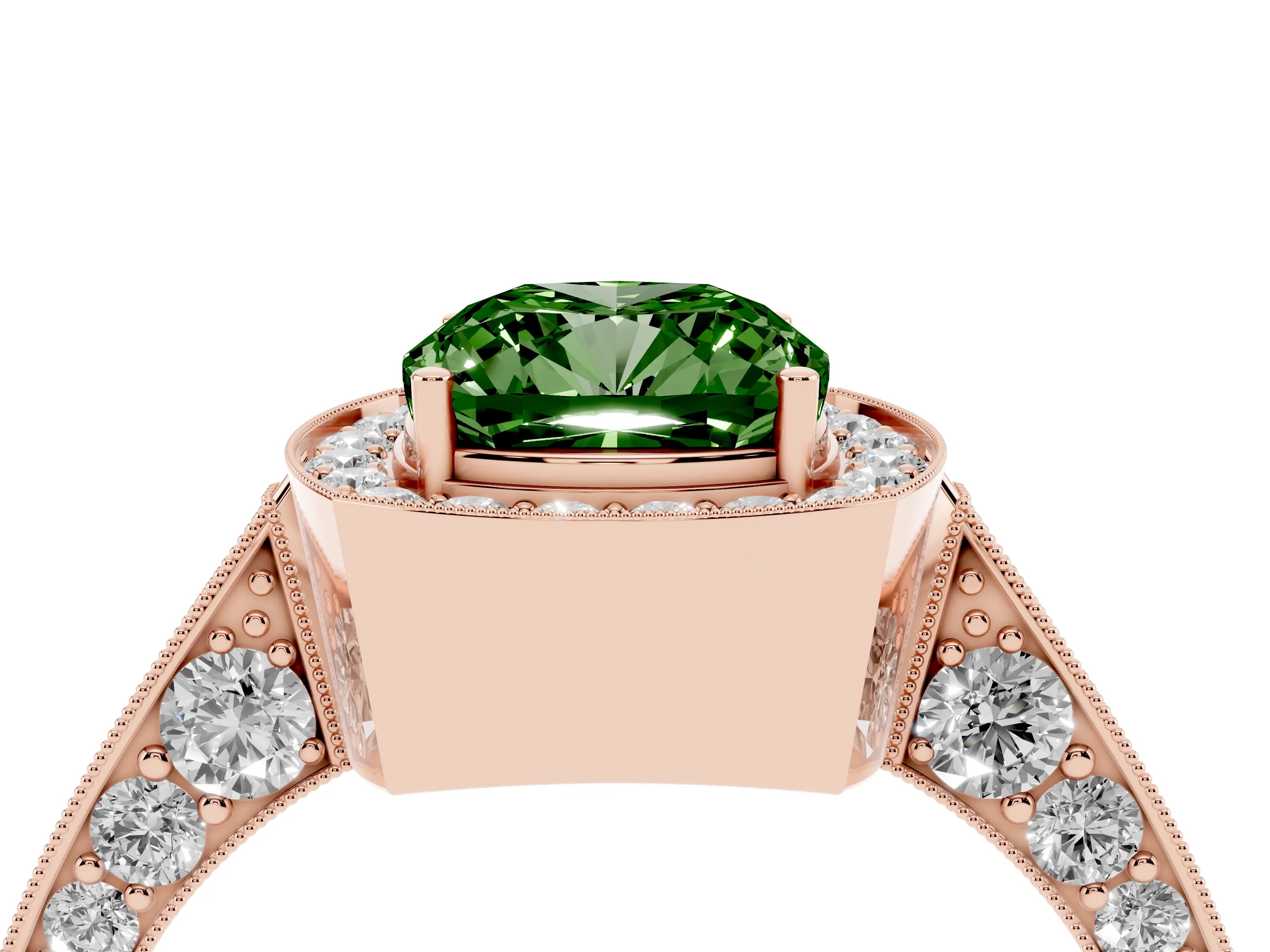 Fancy Green Cushion Cut Diamond Halo Engagement Ring Set in Rose gold with Accent Split Shank Band
