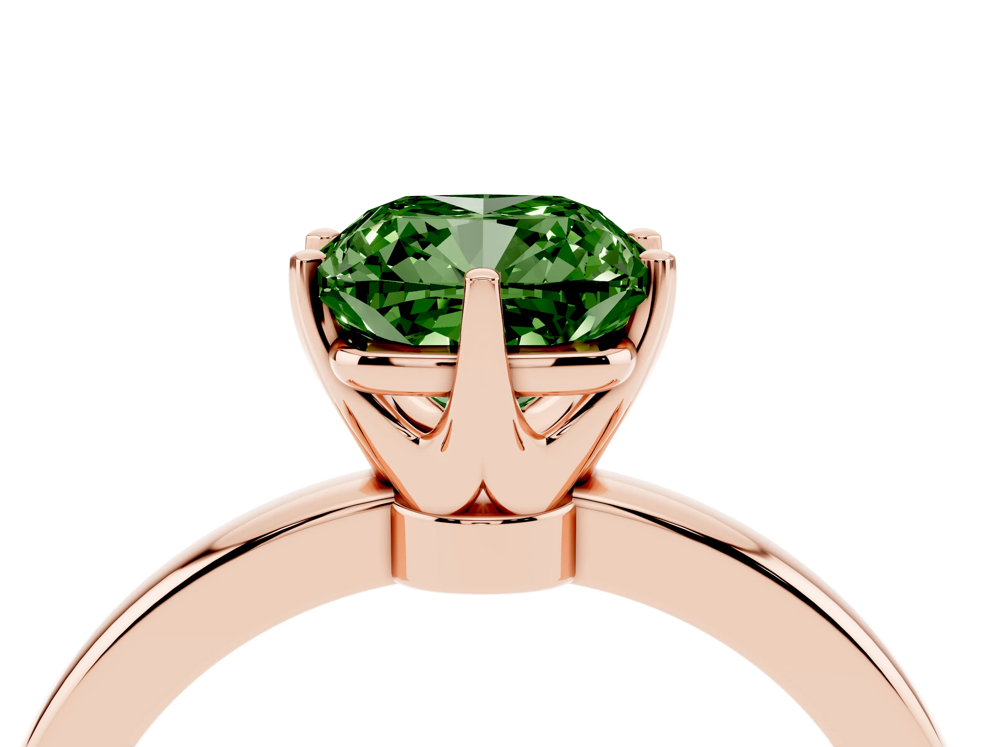 Fancy Green Cushion Cut Diamond Solitaire Ring Set in Rose gold with Raised Prong Setting on a Classic Band