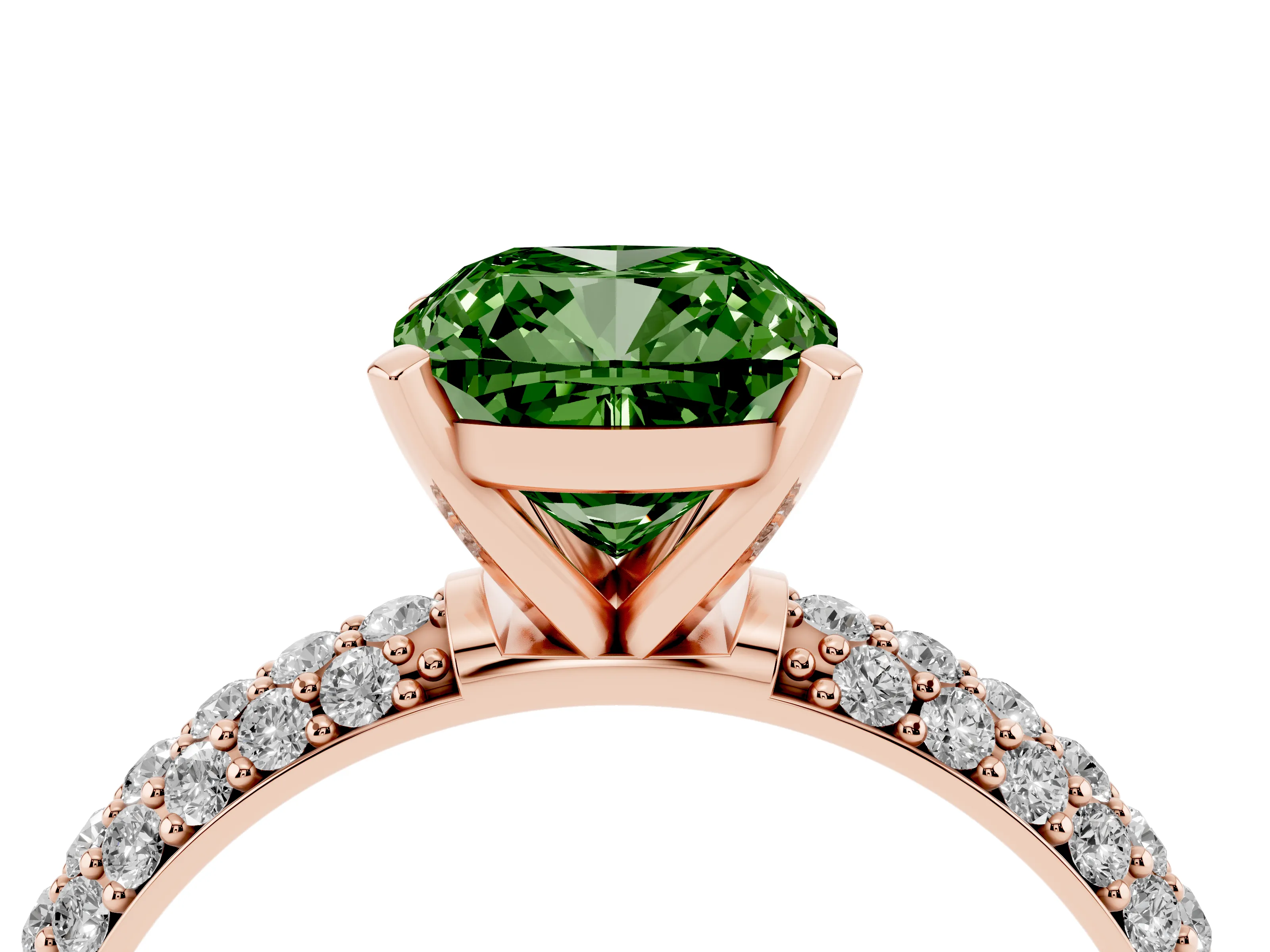 Fancy Green Cushion Cut Diamond Solitaire Ring Set in Rose gold with Prong Setting and Pavé-Set Band