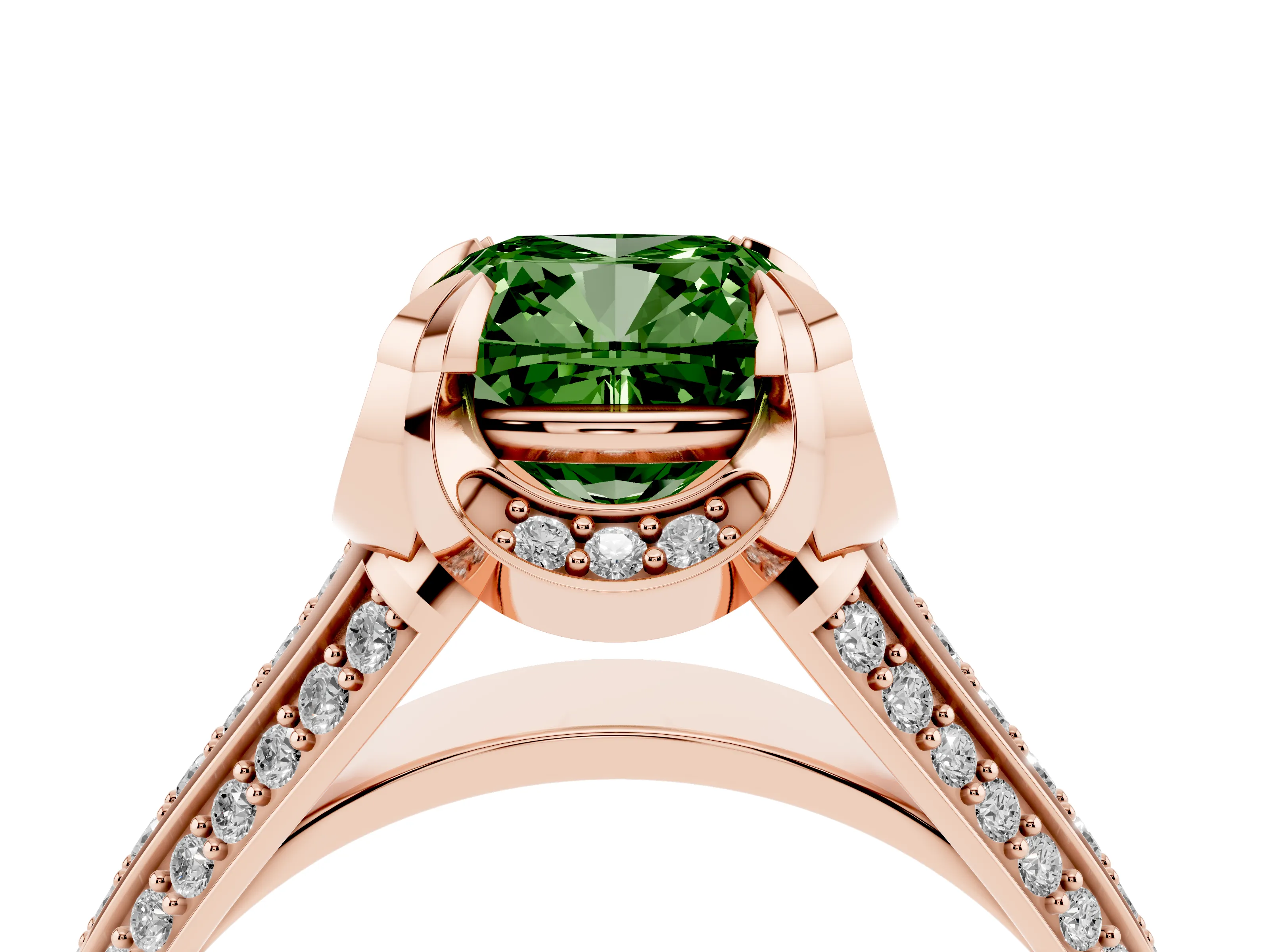 Fancy Green Cushion Cut Diamond Pavé Split Shank Solitaire Ring Set in Rose gold with Prong Setting