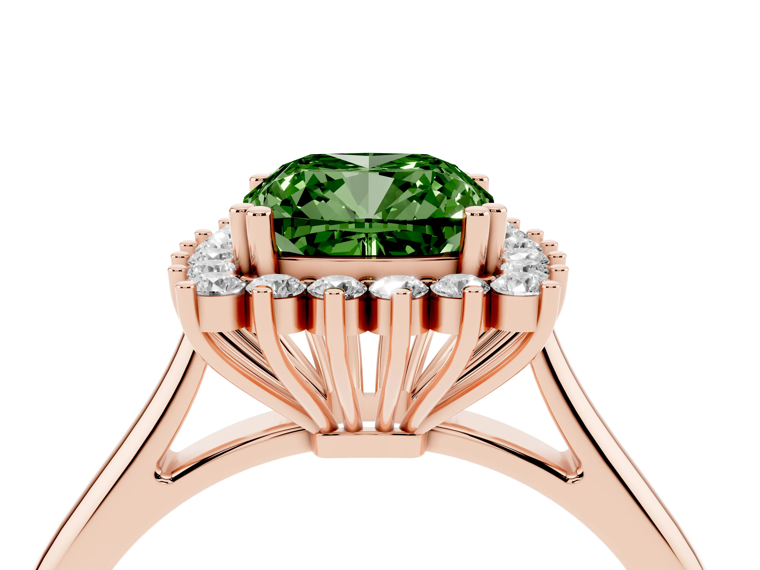 Fancy Green Cushion Cut Diamond Halo Ring Set in Rose gold with Plain Solitaire Band and Prong Setting