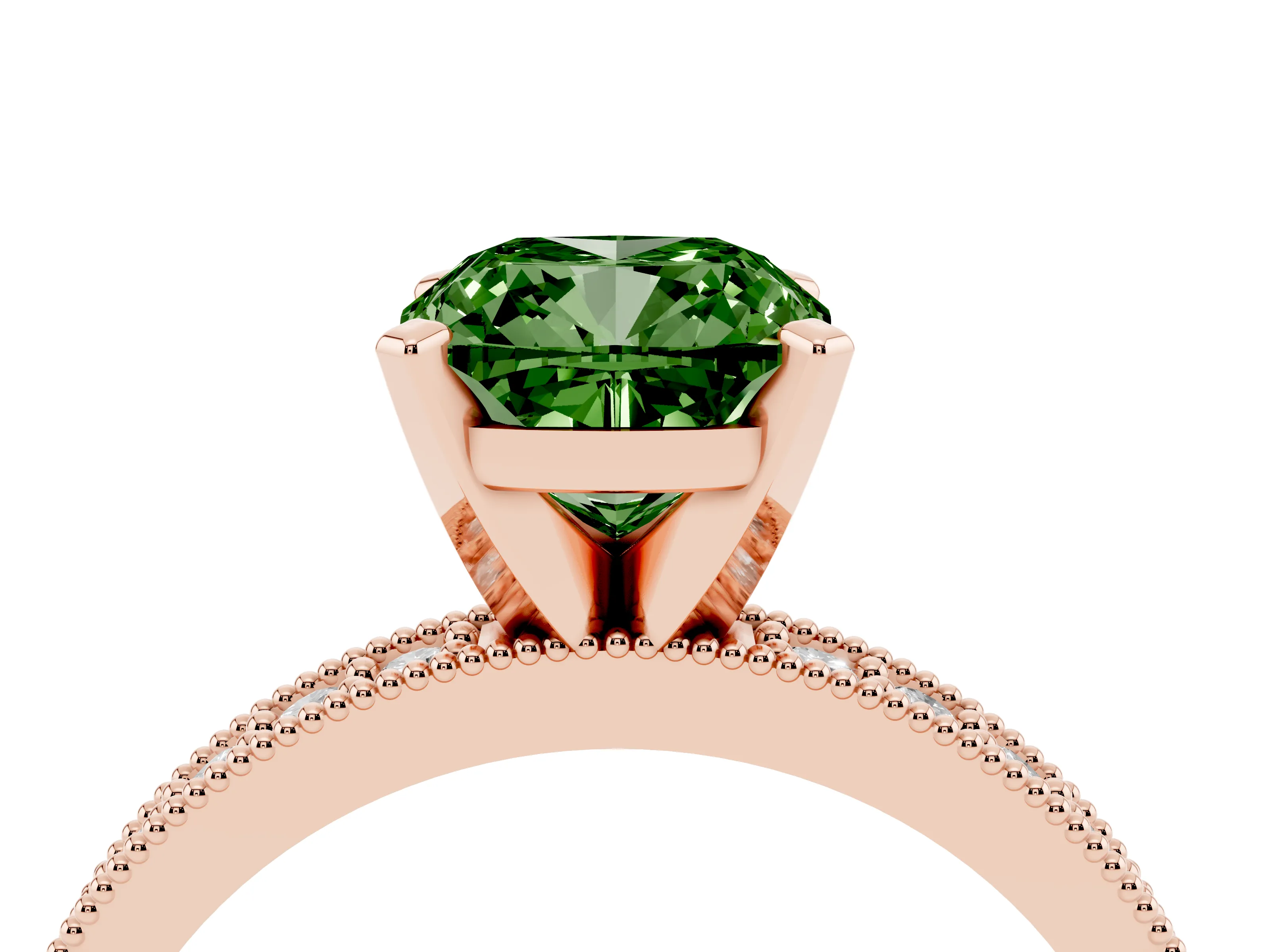 Fancy Green Cushion Cut Diamond Milgrain Pavé Engagement Ring Set in Rose gold with Prong Setting