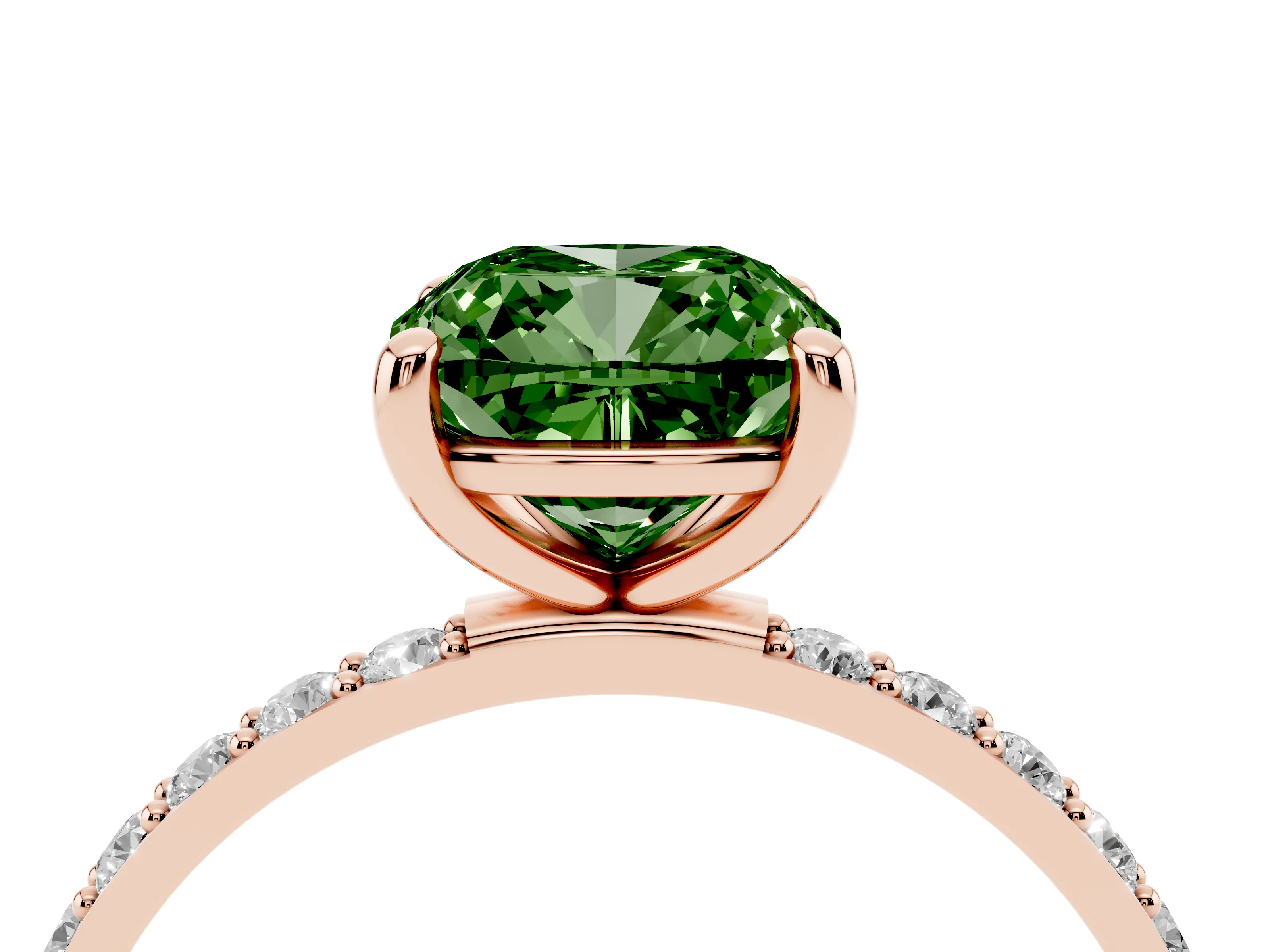 Fancy Green Cushion Cut Diamond Solitaire Ring Set in Rose gold with Round Pavé Band and Prong Setting
