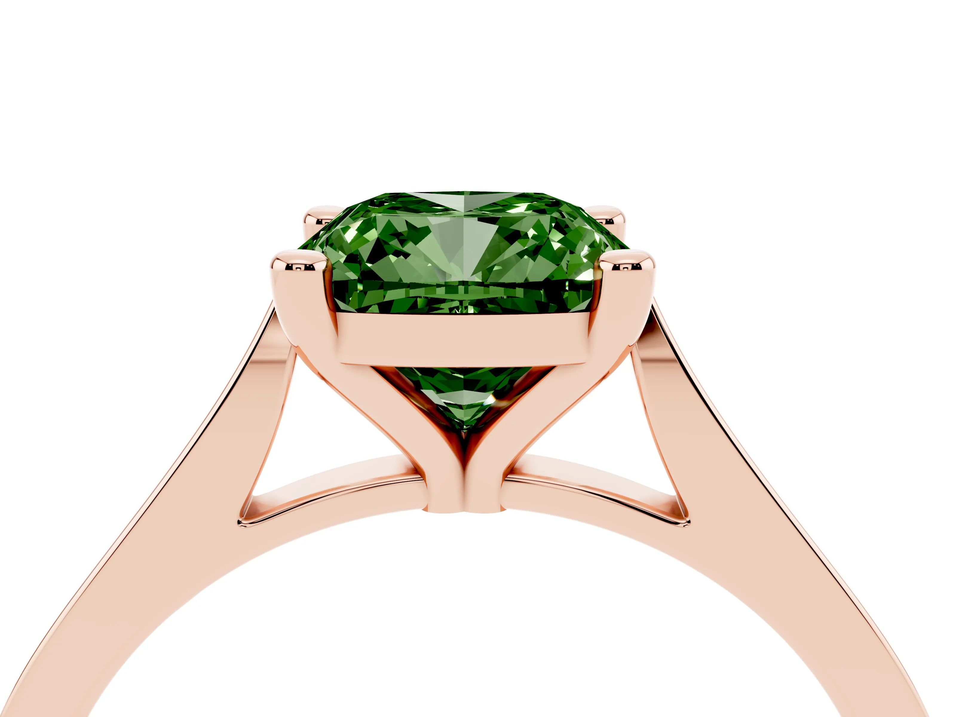 Fancy Green Cushion Cut Diamond Solitaire Ring Set in Rose gold with Prong Setting and Tapered Band